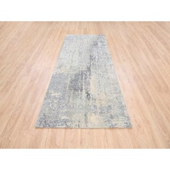 4'1"x9'9" Wool and Silk Abstract with Mosaic Design Gray Hand Knotted Runner Rug