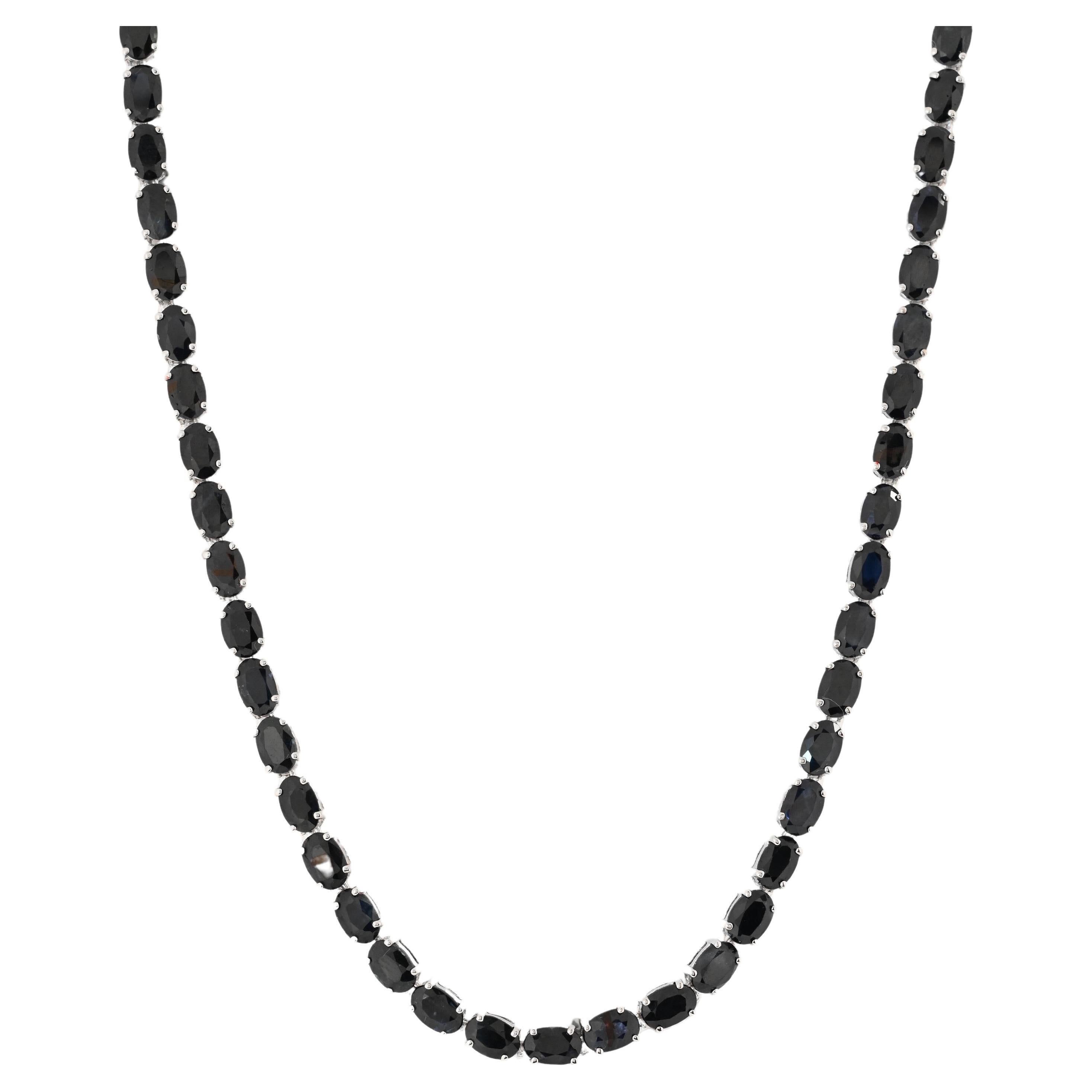 42-5/8 Carat Ultra Dark Blue Oval Sapphire 18" Sterling Silver Tennis Necklace  For Sale