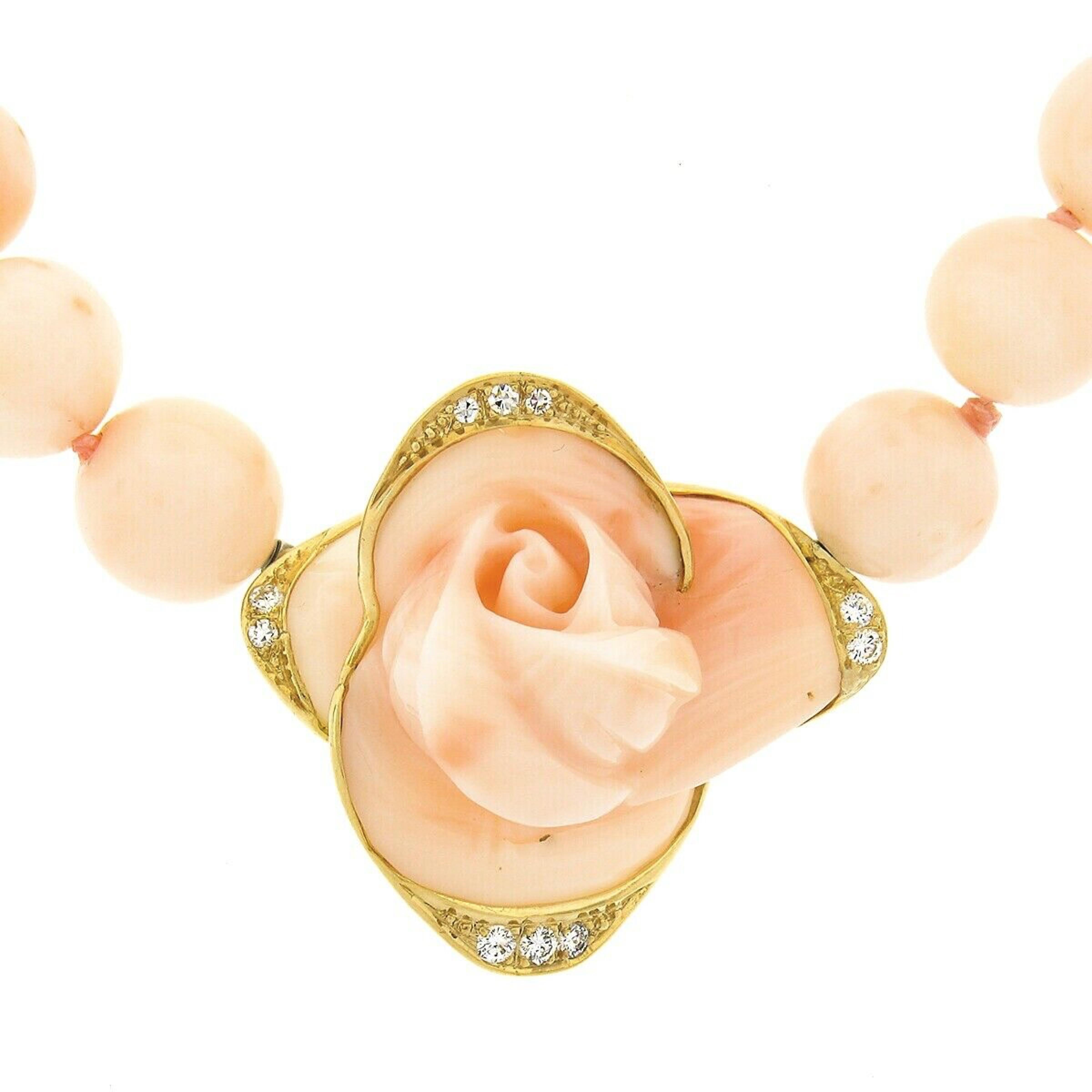 Engelshaut Koralle Strang Halskette geschnitzte Rose Blume Diamant 18k Gold Anhänger (Perle)