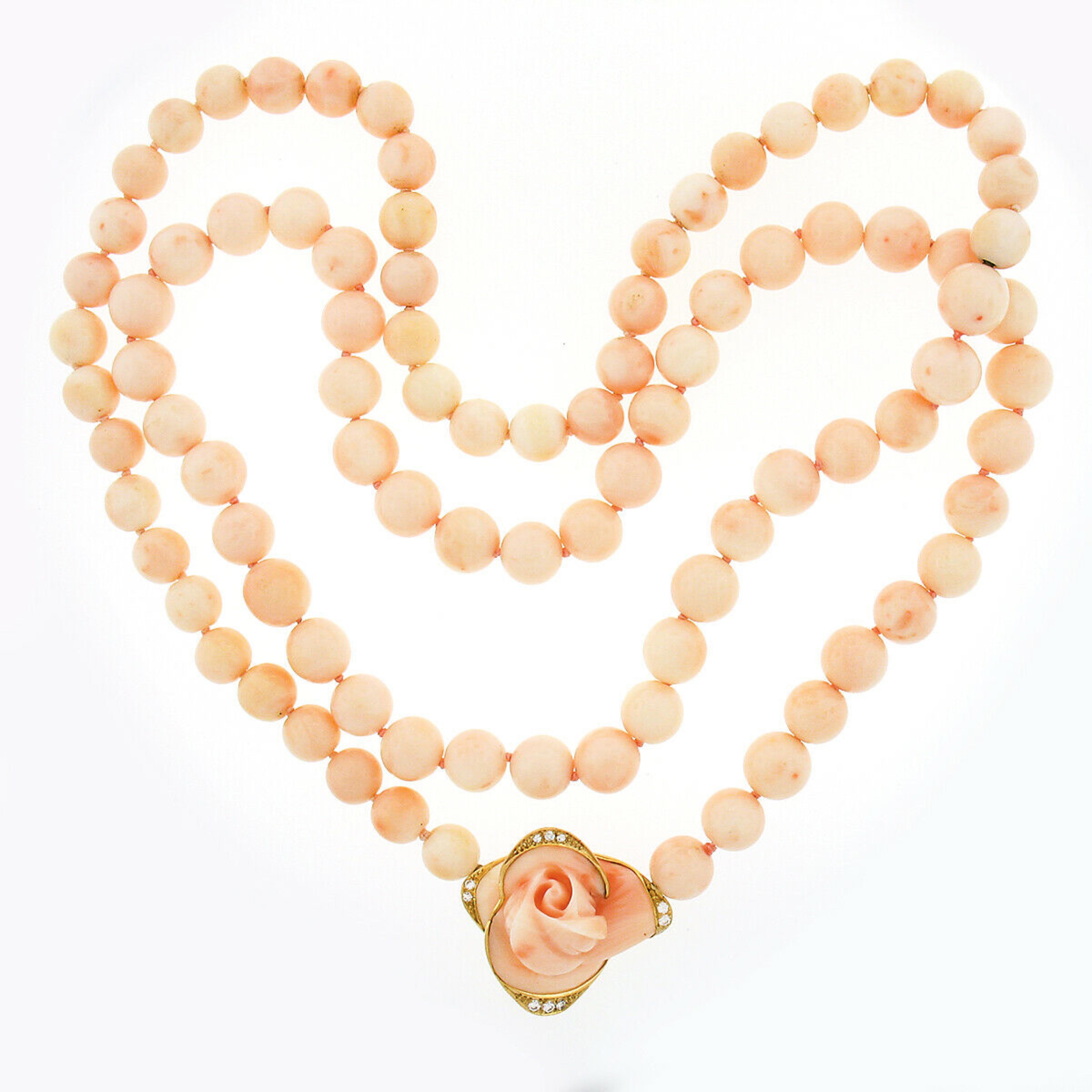 Engelshaut Koralle Strang Halskette geschnitzte Rose Blume Diamant 18k Gold Anhänger Damen