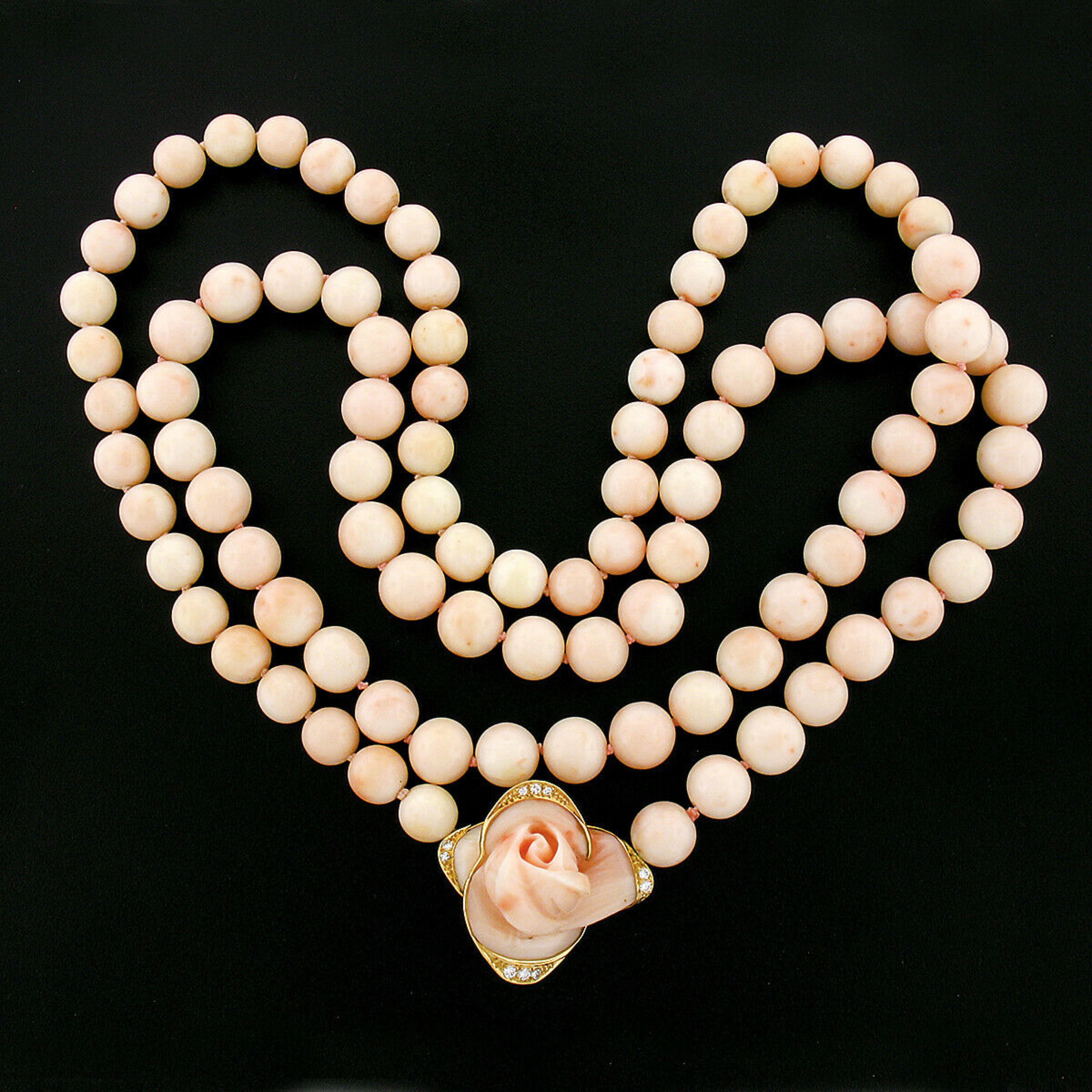 Bead Angel Skin Coral Strand Necklace Carved Rose Flower Diamond 18k Gold Pendant