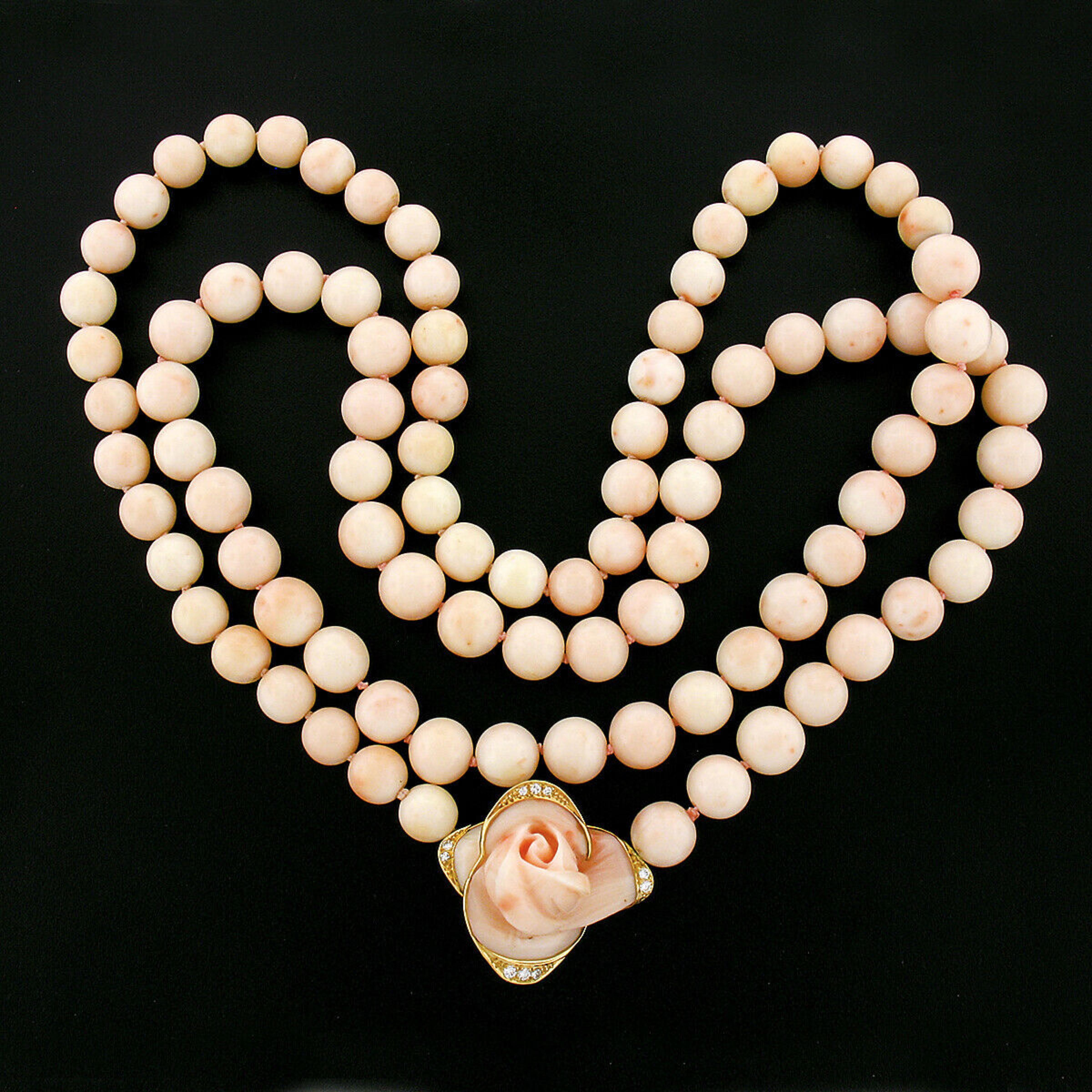 Engelshaut Koralle Strang Halskette geschnitzte Rose Blume Diamant 18k Gold Anhänger 1