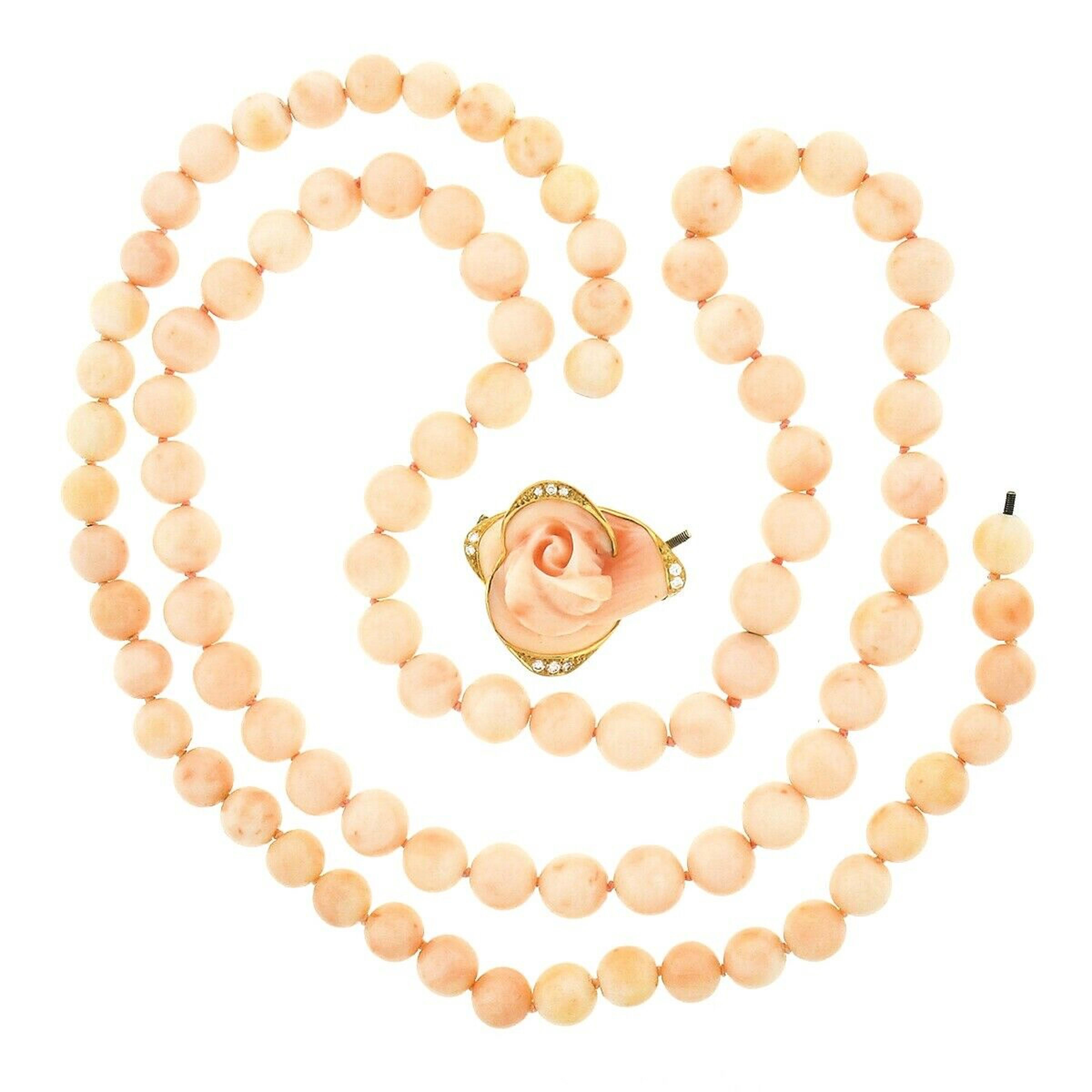Engelshaut Koralle Strang Halskette geschnitzte Rose Blume Diamant 18k Gold Anhänger 2
