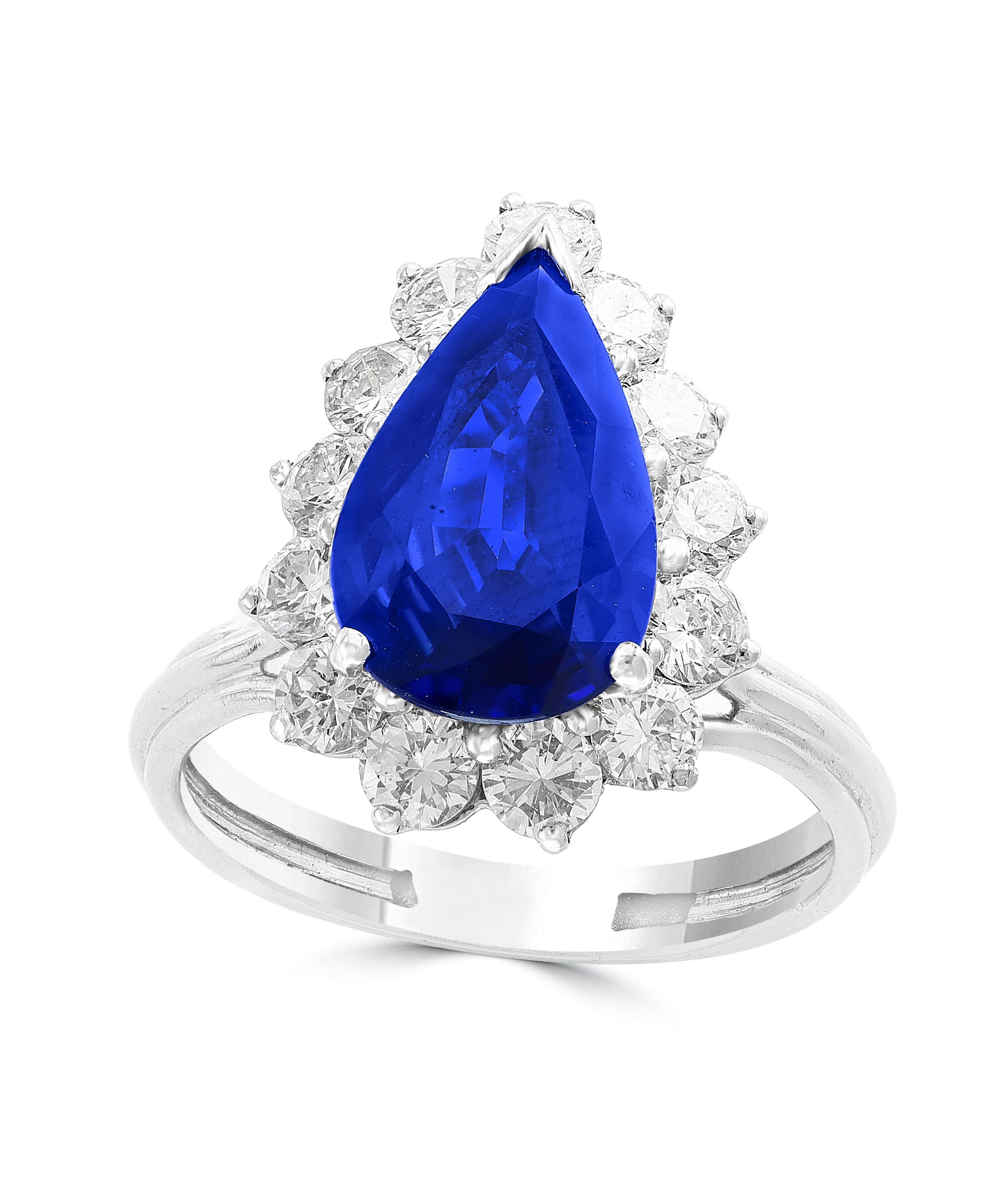 4.2 Carat  Ceylon  Blue  Pear shape Sapphire & Diamond Cocktail Ring In Platinum
Diamonds : 2 Carats
Platinum : 7.5 gm
GIA Certified , GIA Repoprt # 5201277214
Natural corundum 
Sapphire 
Sri Lanka
Measuremeants 14.16 x 8.69 x 4.53
Ring size