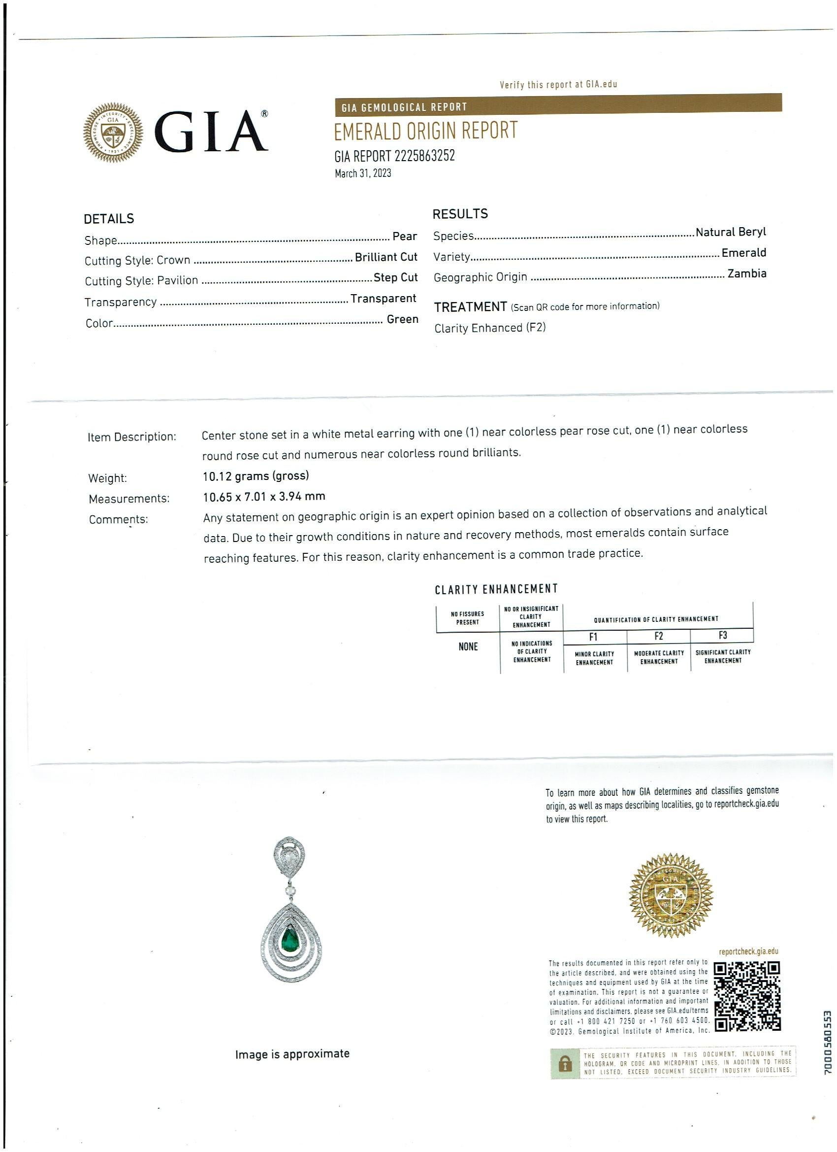 Pear Cut GIA Certified 4.2Ct Zambian Pear Emerald Diamond Hanging/ Drop Earrings 18K Gold