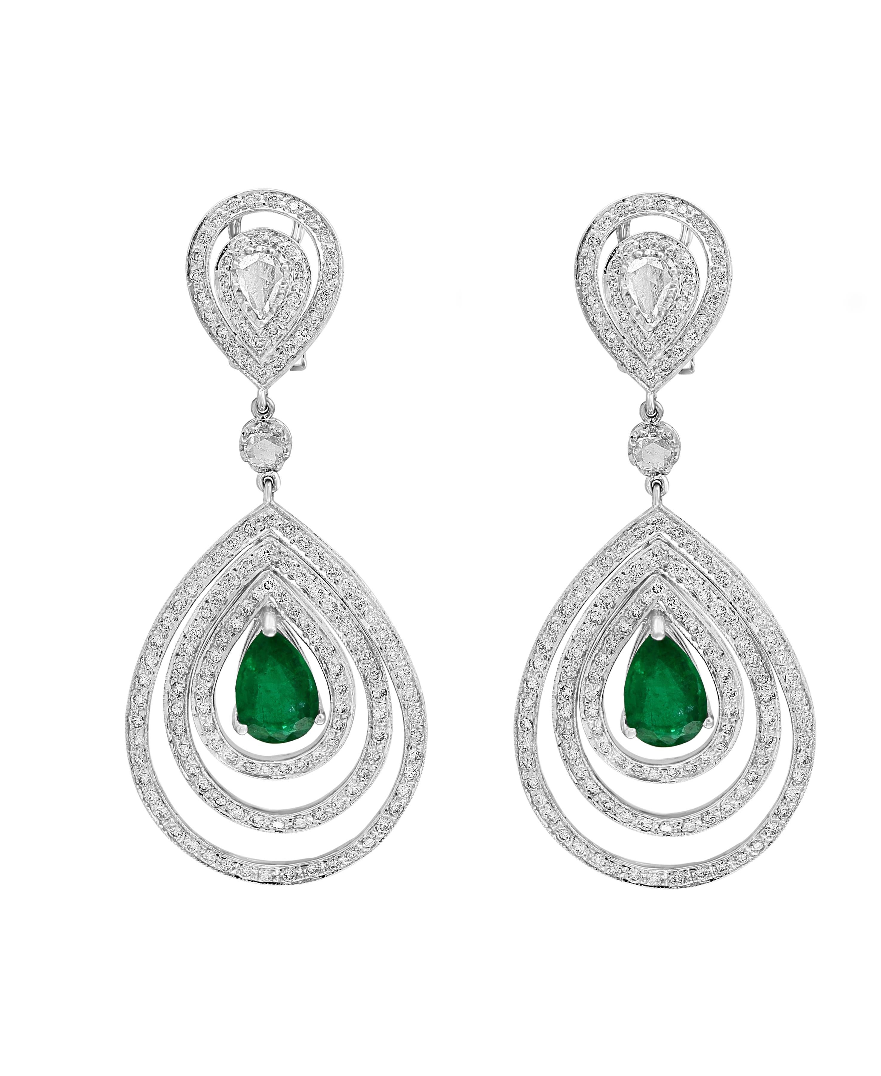 GIA Certified 4.2Ct Zambian Pear Emerald Diamond Hanging/ Drop Earrings 18K Gold 3