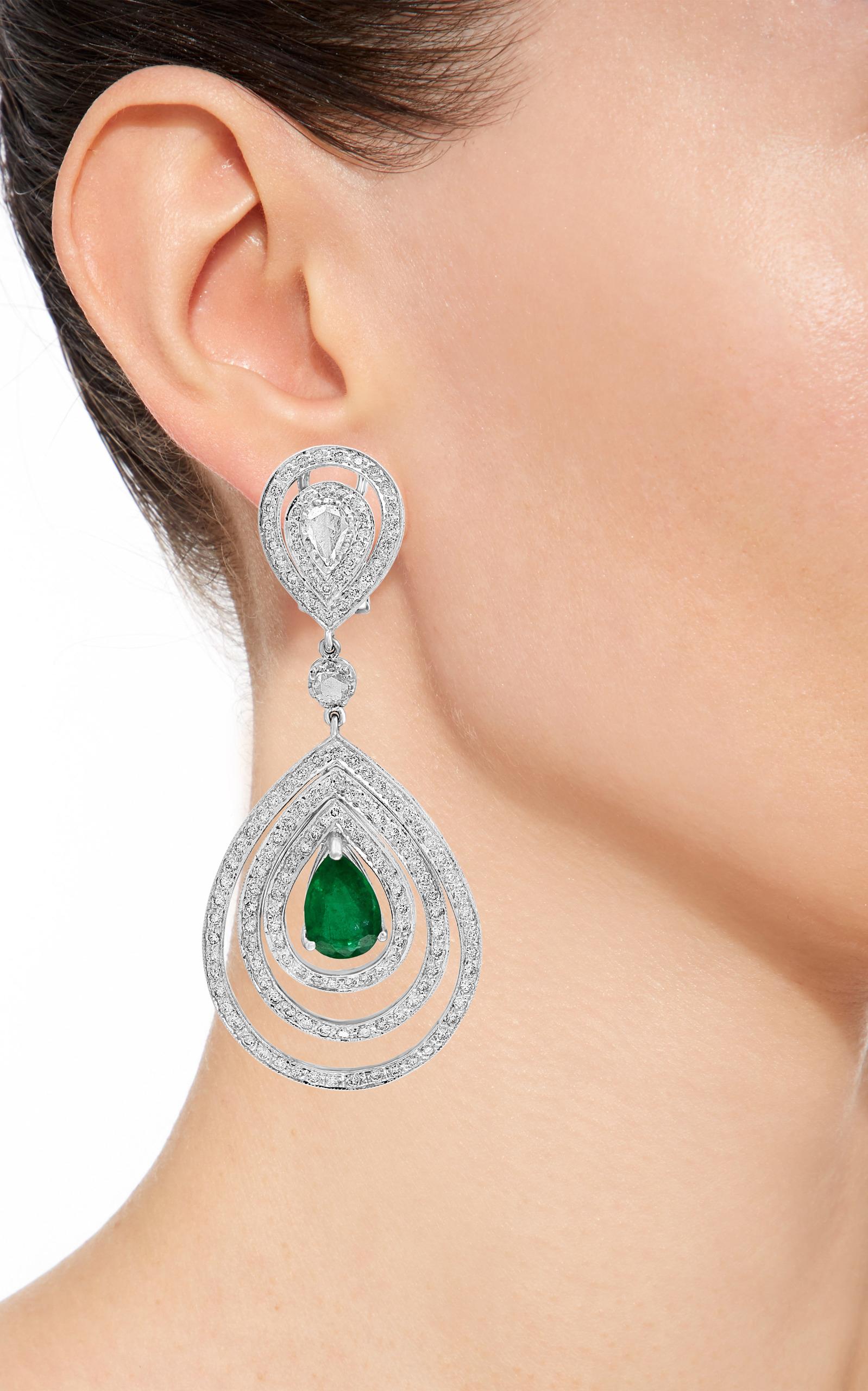 GIA Certified 4.2Ct Zambian Pear Emerald Diamond Hanging/ Drop Earrings 18K Gold 4