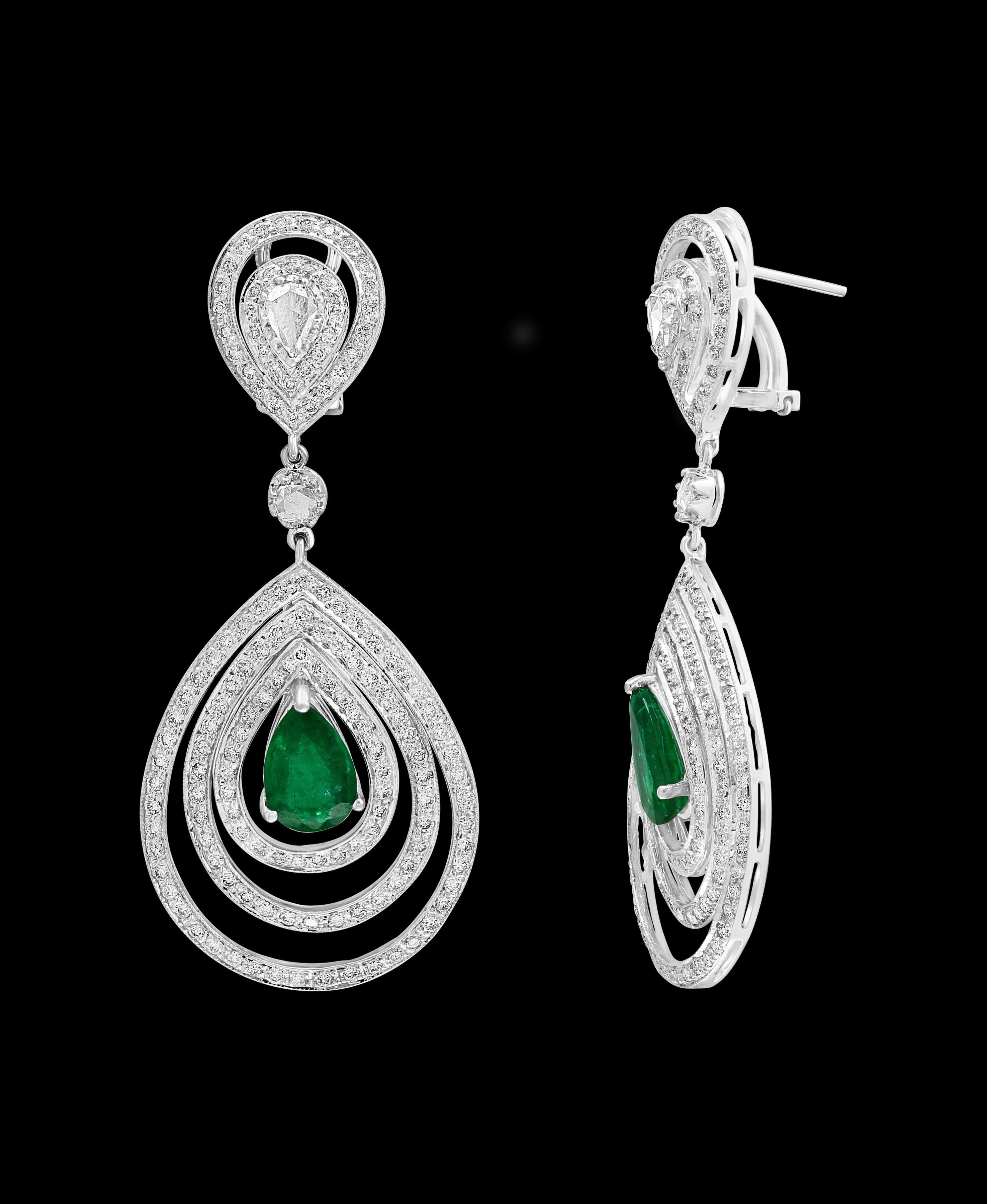 GIA Certified 4.2Ct Zambian Pear Emerald Diamond Hanging/ Drop Earrings 18K Gold 5