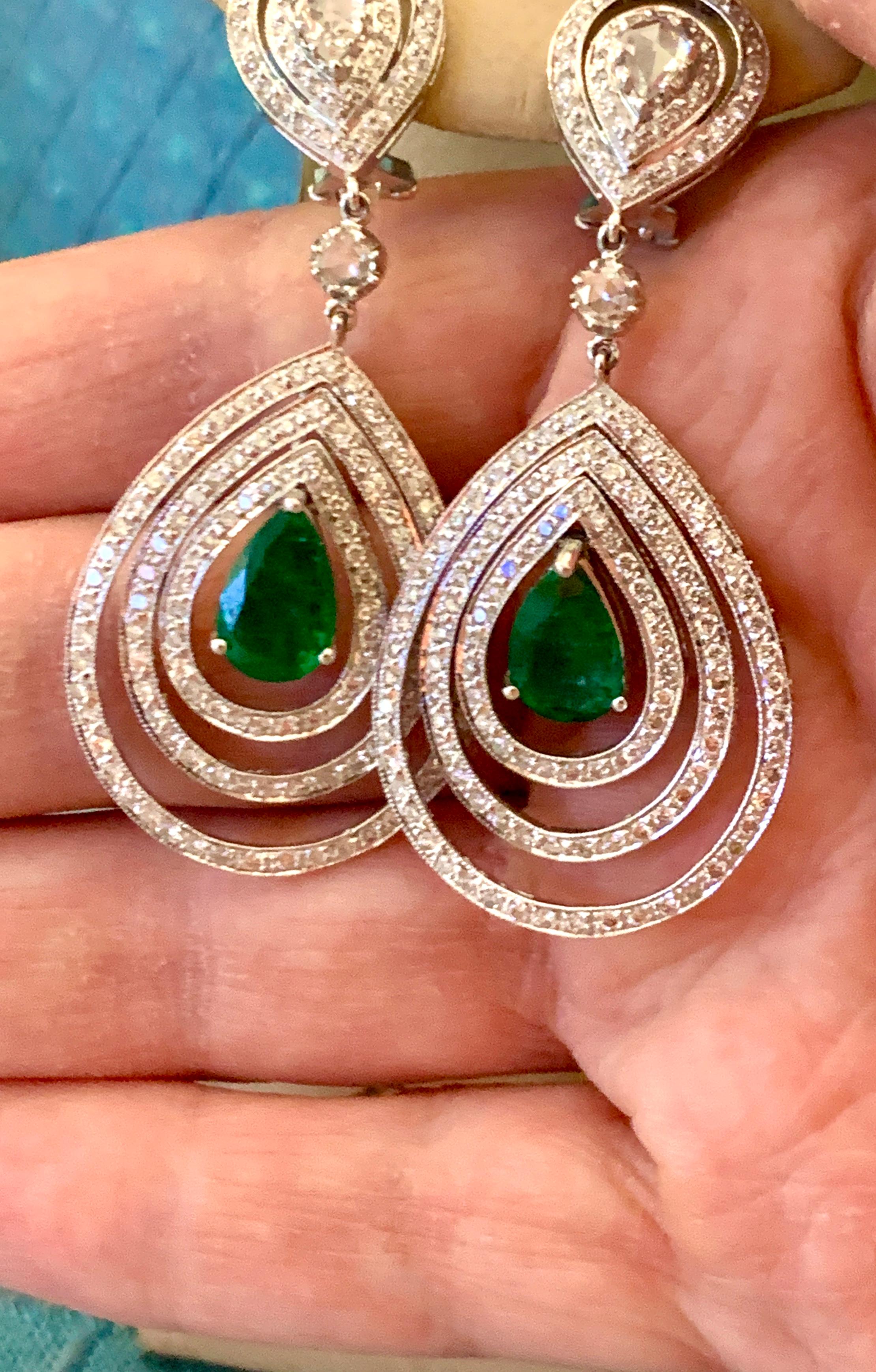 Women's GIA Certified 4.2Ct Zambian Pear Emerald Diamond Hanging/ Drop Earrings 18K Gold
