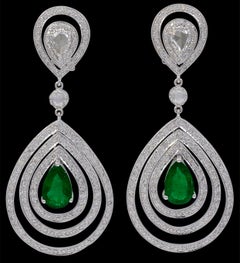 GIA Certified 4.2Ct Zambian Pear Emerald Diamond Hanging/ Drop Earrings 18K Gold