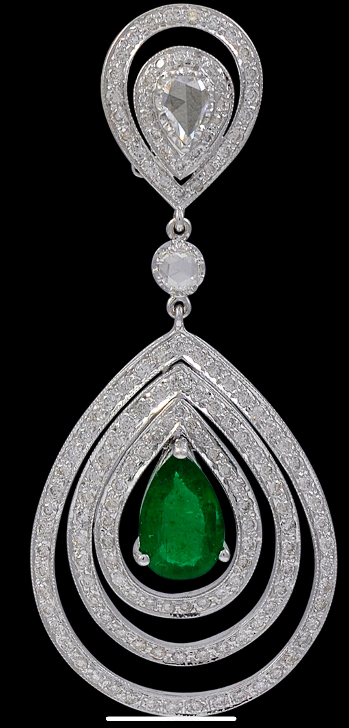 GIA Certified 4.2Ct Zambian Pear Emerald Diamond Hanging/ Drop Earrings 18K Gold 6