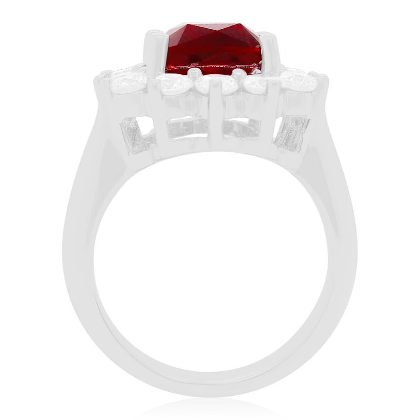 Contemporary 4.2 Carat Cushion Ruby Round Diamond Halo Engagement Ring 18K White Gold For Sale