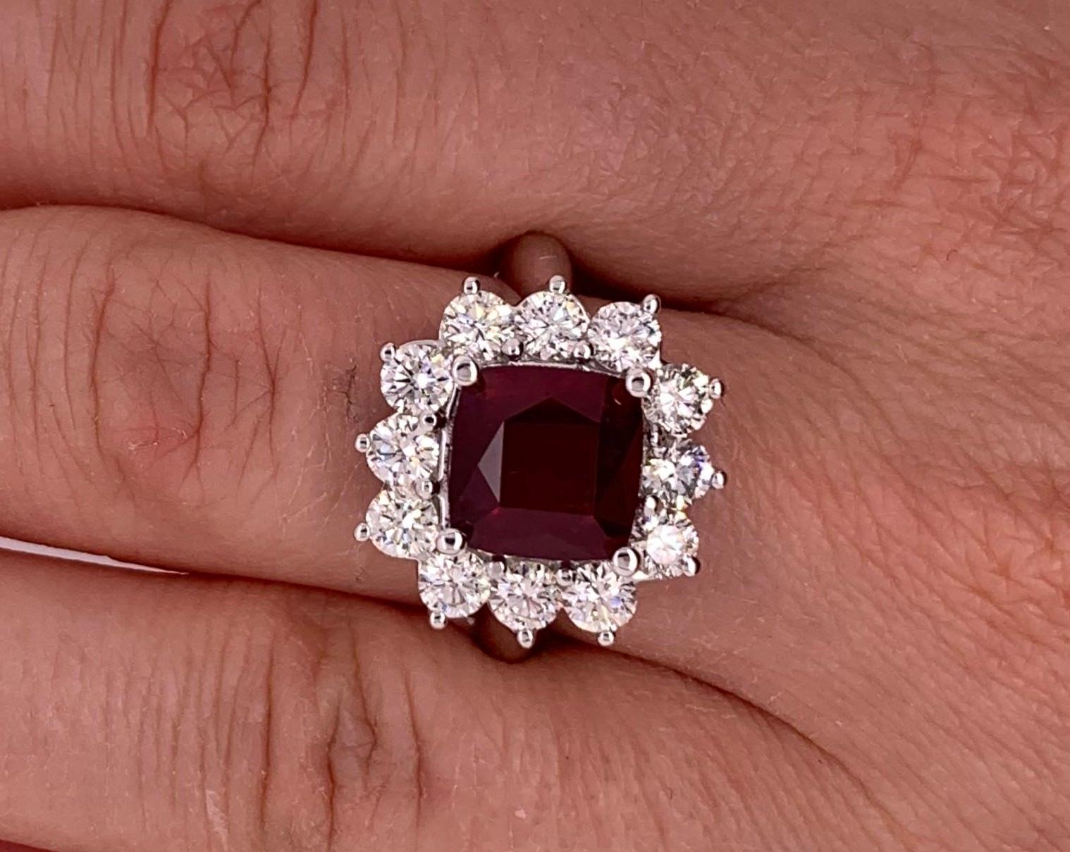 4.2 Carat Cushion Ruby Round Diamond Halo Engagement Ring 18K White Gold In New Condition For Sale In GREAT NECK, NY