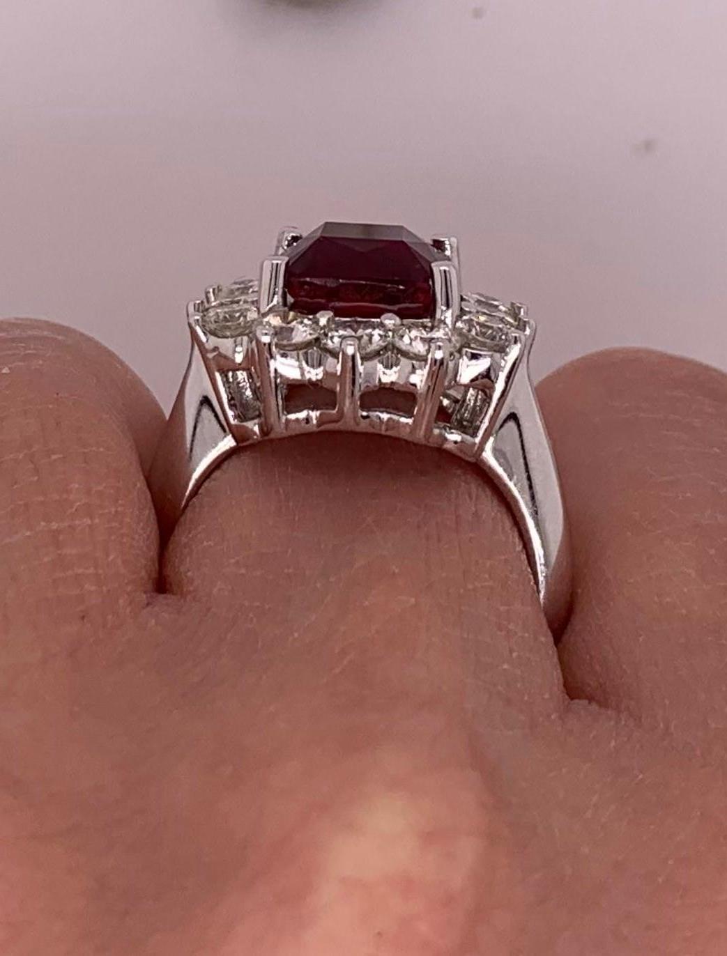 4.2 Carat Cushion Ruby Round Diamond Halo Engagement Ring 18K White Gold For Sale 2