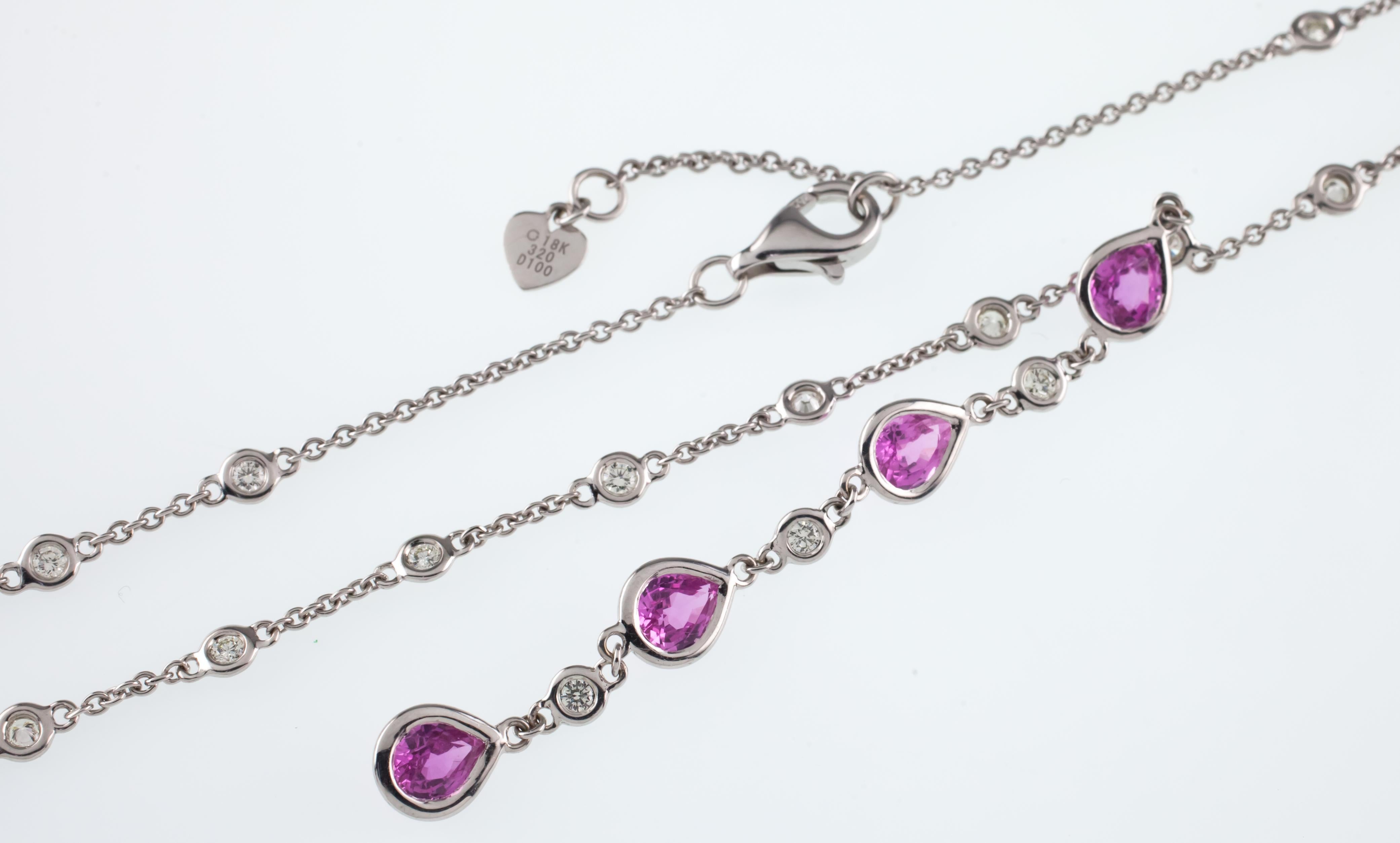 Pear Cut 4.2 Carat Diamond and Pink Sapphire White Gold Necklace with Drop Pendant