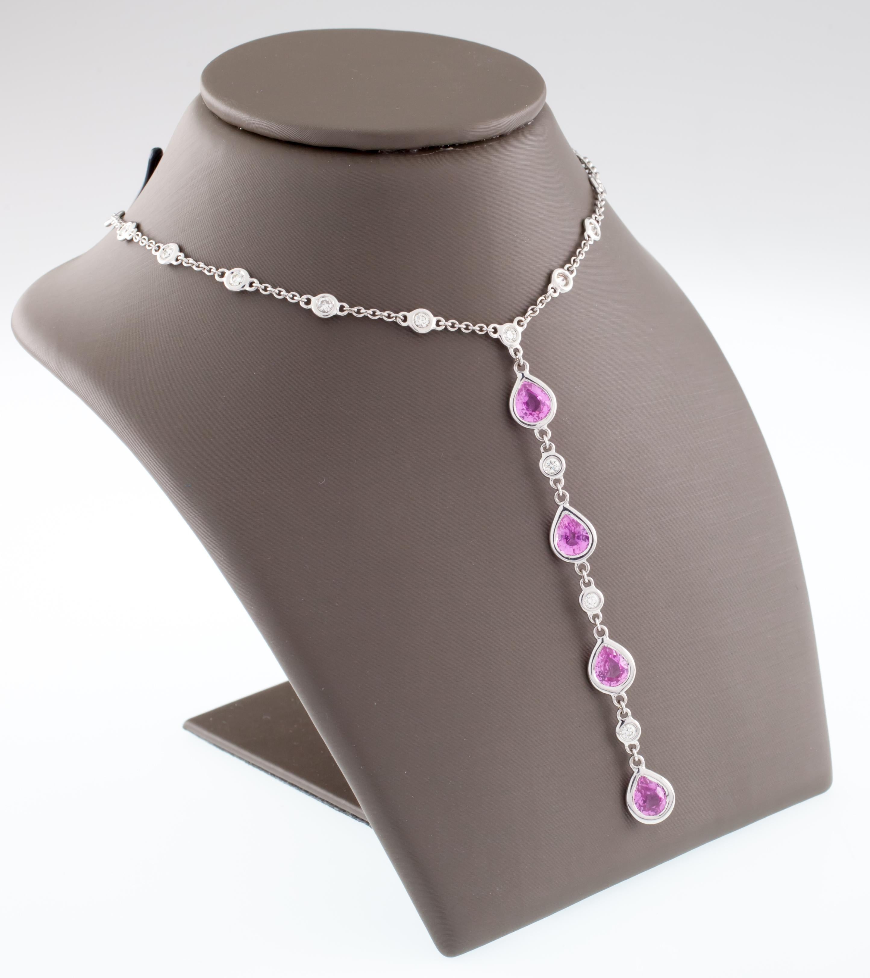 Modern 4.2 Carat Diamond and Pink Sapphire White Gold Necklace with Drop Pendant For Sale