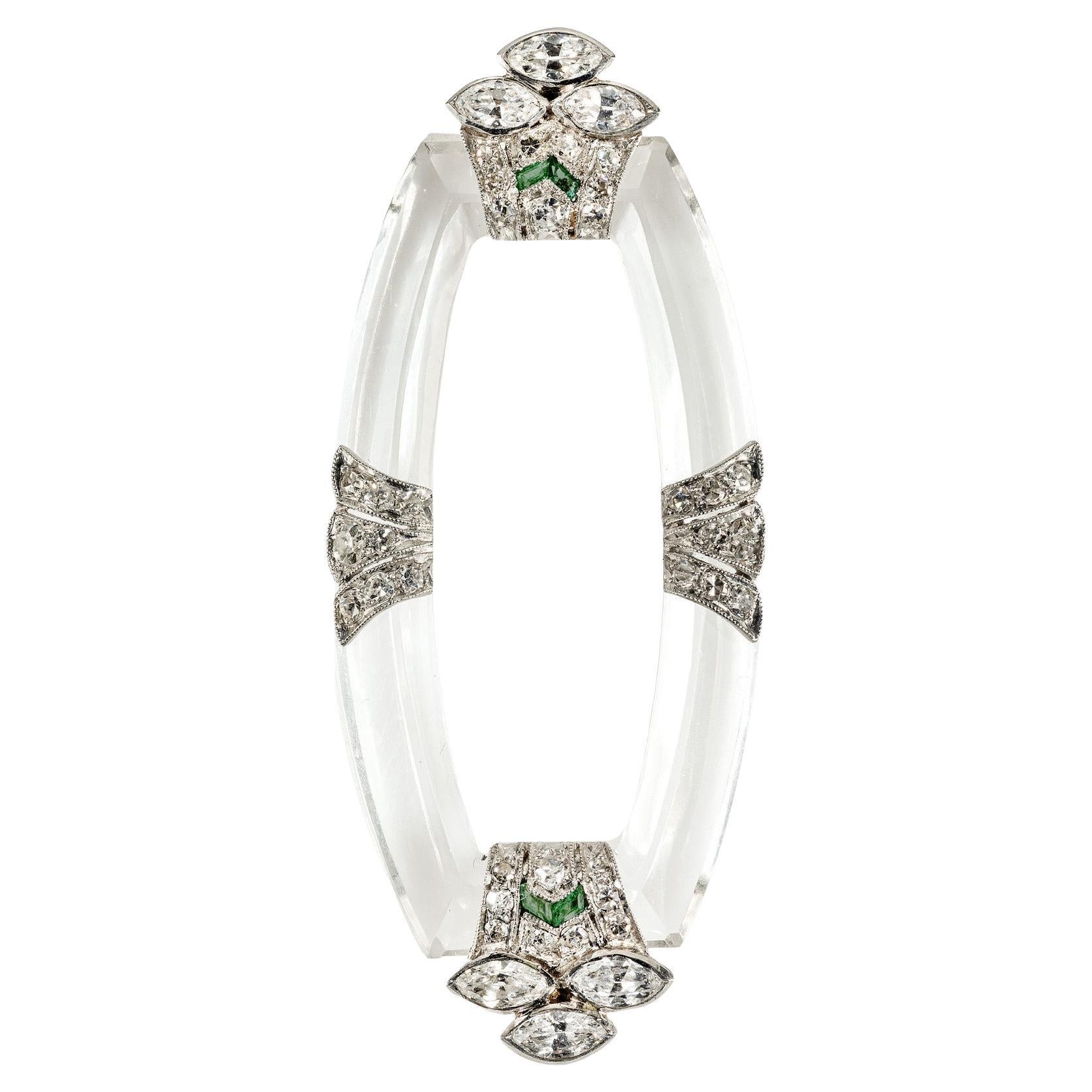 .42 Carat Diamond Emerald Platinum Rock Crystal Art Deco Brooch