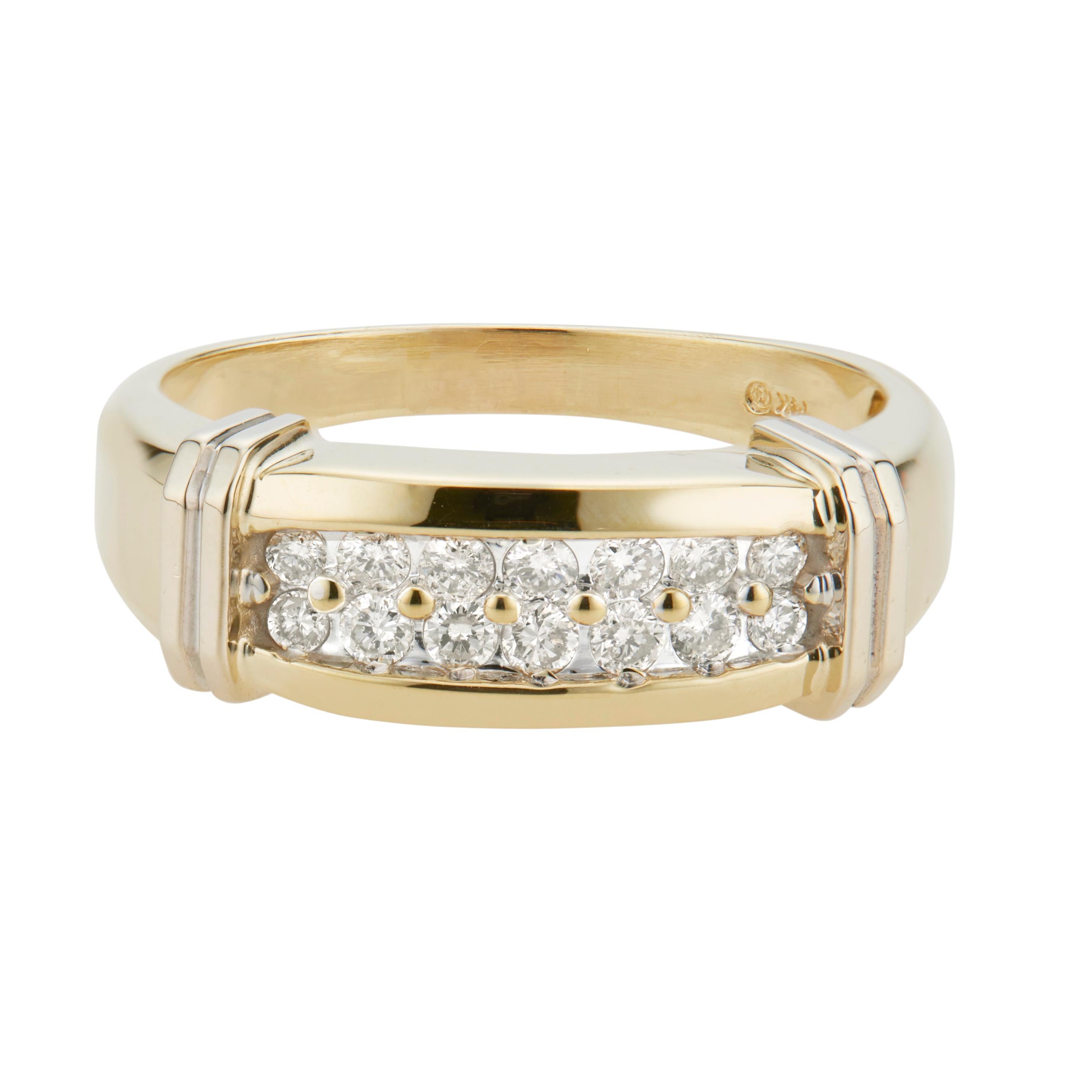 Men's two row diamond band ring. 14 round diamonds set in a 14k yellow and white gold setting. Circa 1980

14 round brilliant cut diamonds, I-J VS2 approx. .42cts
Size 12.5 and sizable 
14k yellow gold 
14k white gold
Stamped: 14k
6.2 grams
Width at