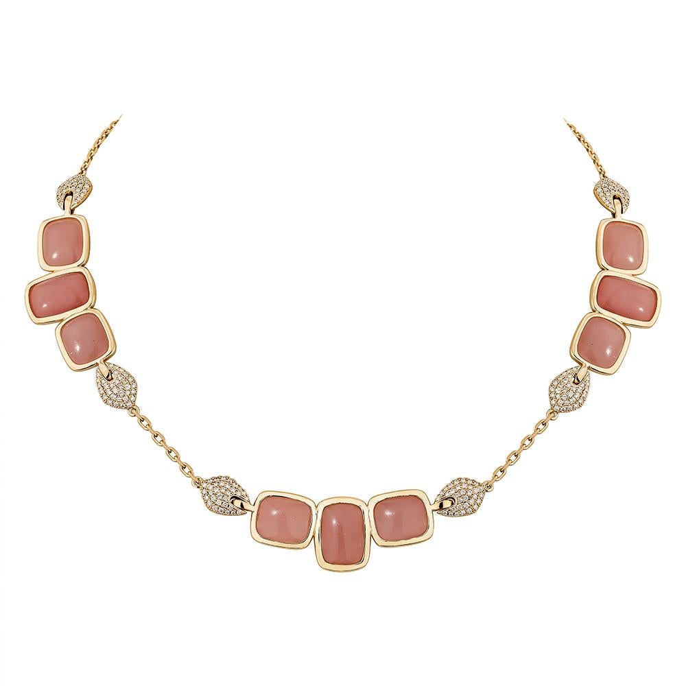 Contemporary 42 carat Guava Quartz necklace in 18Karat Rose Gold with White Diamond. For Sale