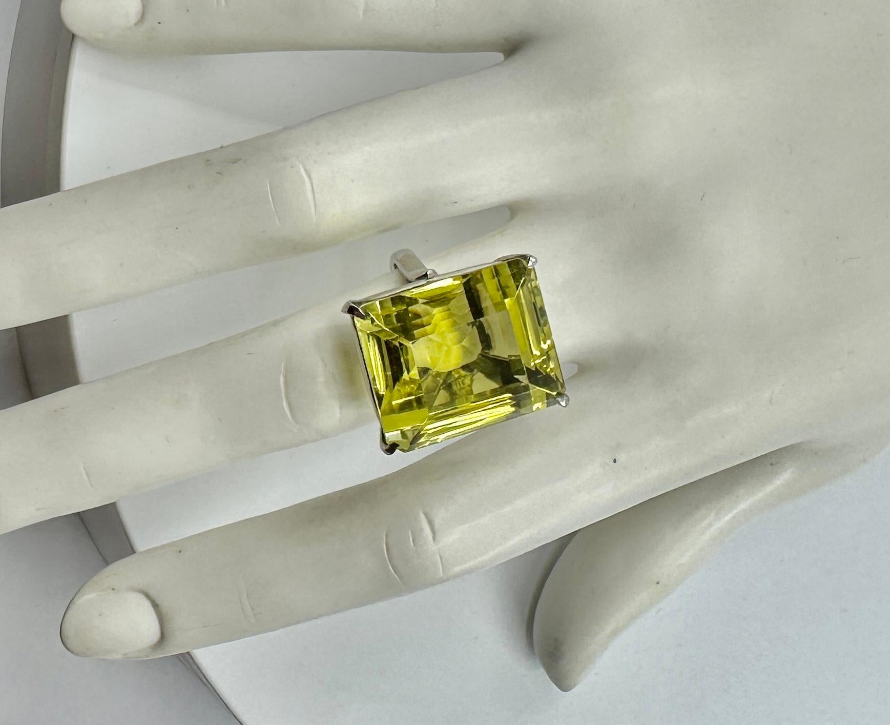 Contemporary 42 Carat Lemon Citrine Ring Emerald Cut Monumental Cocktail Ring Gorgeous Gem! For Sale