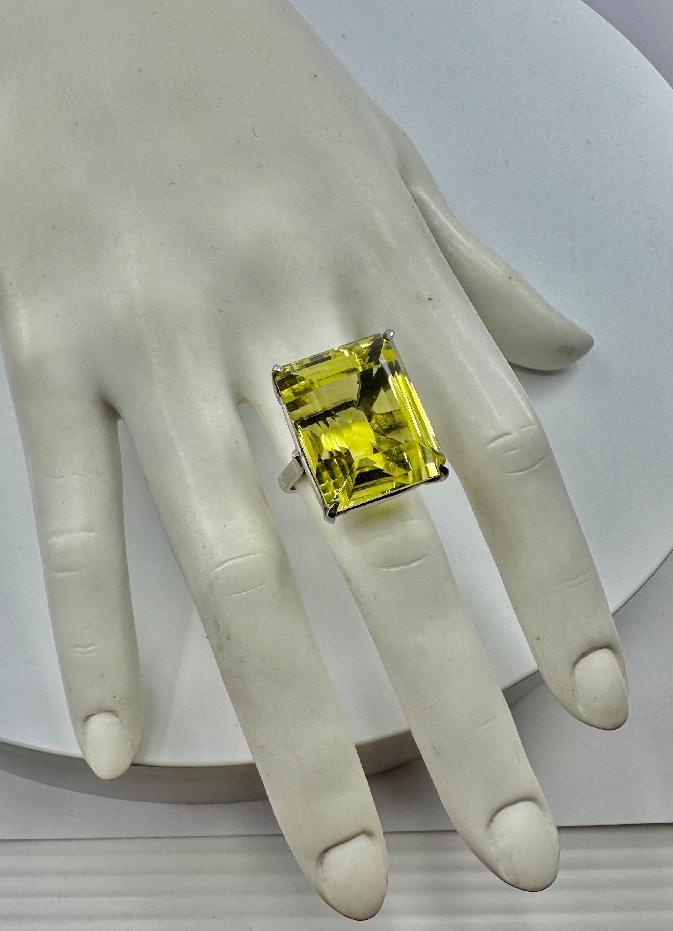 42 Carat Lemon Citrine Ring Emerald Cut Monumental Cocktail Ring Gorgeous Gem! In New Condition For Sale In New York, NY