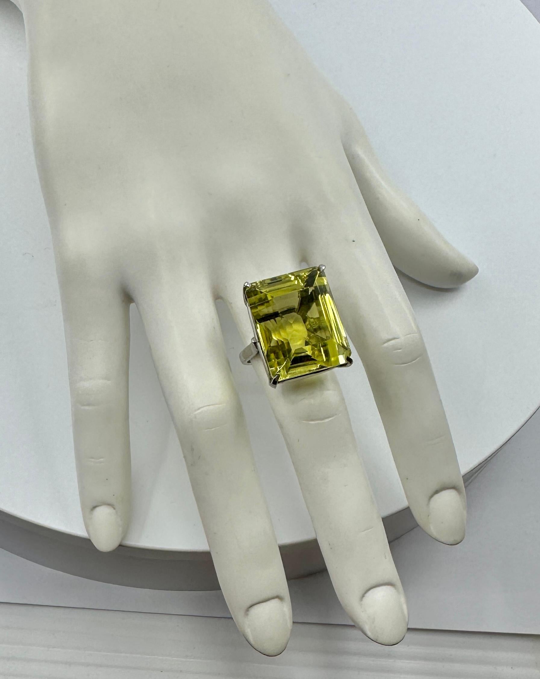Women's 42 Carat Lemon Citrine Ring Emerald Cut Monumental Cocktail Ring Gorgeous Gem! For Sale
