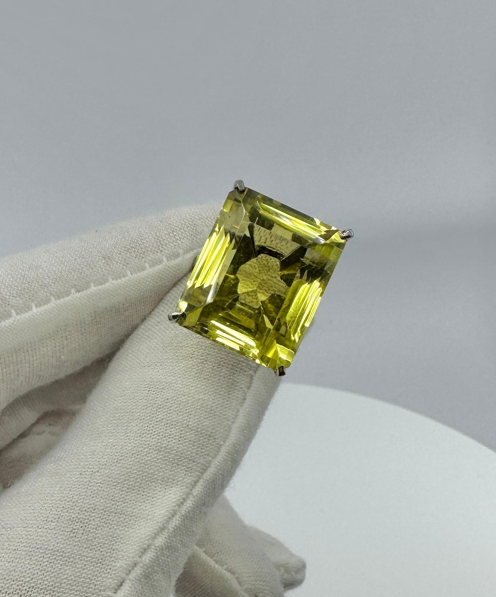 42 Carat Lemon Citrine Ring Emerald Cut Monumental Cocktail Ring Gorgeous Gem! For Sale 1