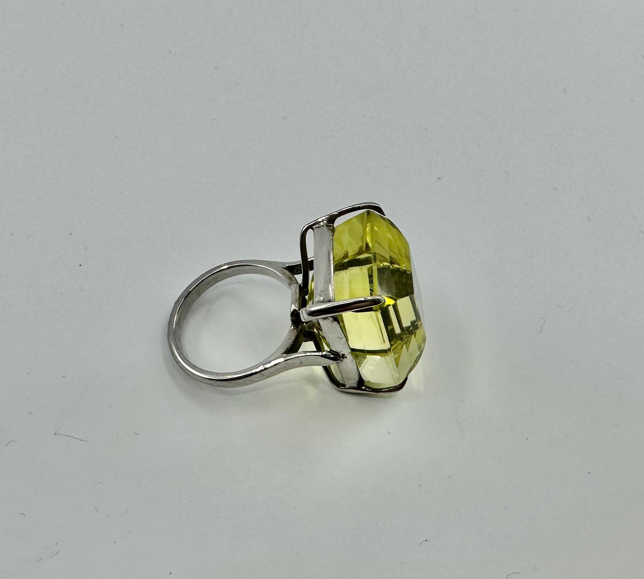 42 Carat Lemon Citrine Ring Emerald Cut Monumental Cocktail Ring Gorgeous Gem! For Sale 2