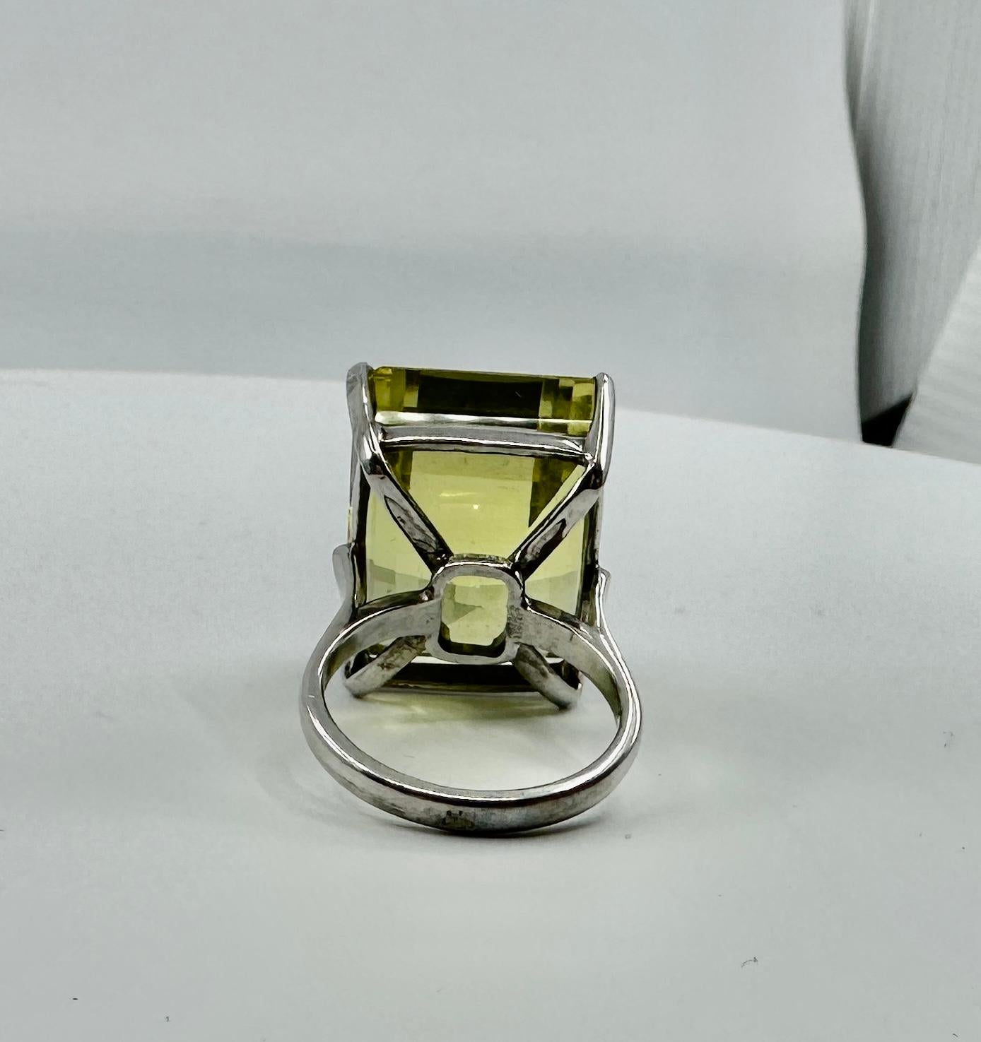 42 Carat Lemon Citrine Ring Emerald Cut Monumental Cocktail Ring Gorgeous Gem! For Sale 3