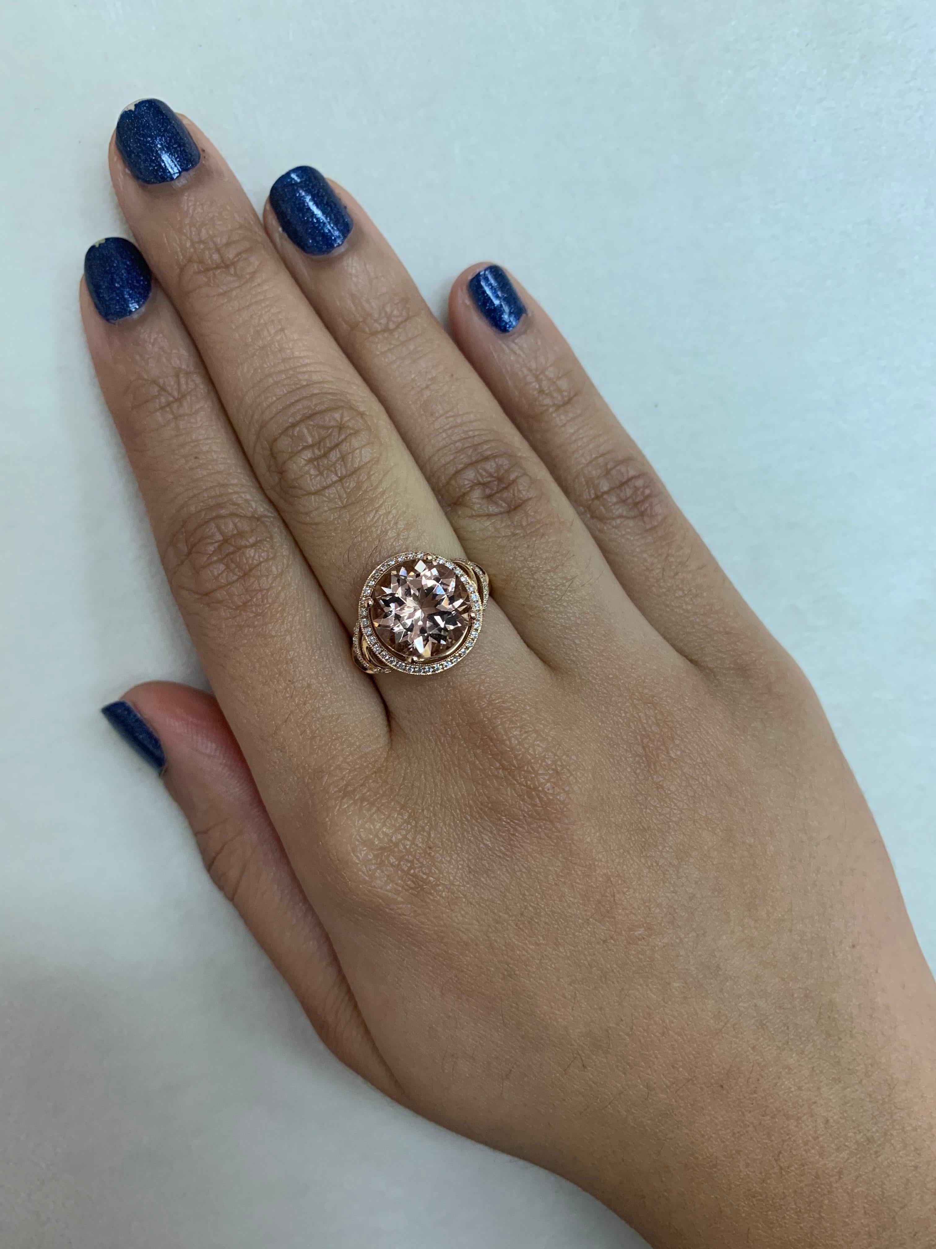 This collection features an array of magnificent morganites! Accented with diamonds these rings are made in rose gold and present a classic yet elegant look. 

Classic morganite ring in 18K rose gold with diamonds. 

Morganite: 4.28 carat round