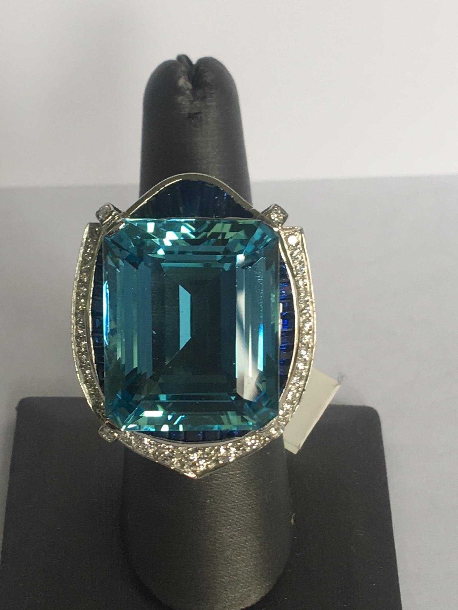 Art Deco 42 Carat Natural Aquamarine Sapphire and Diamond Ring
