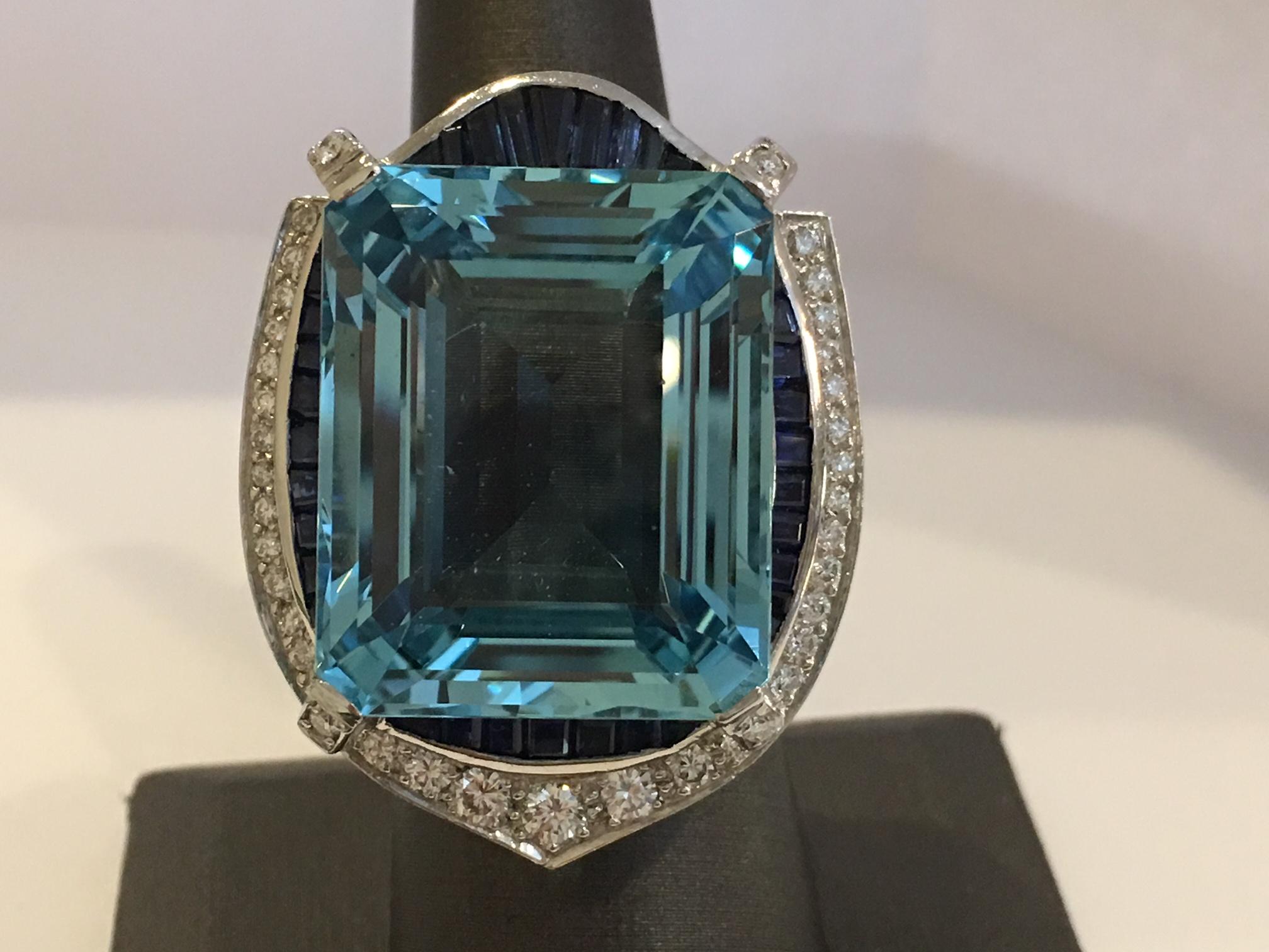 Emerald Cut 42 Carat Natural Aquamarine Sapphire and Diamond Ring