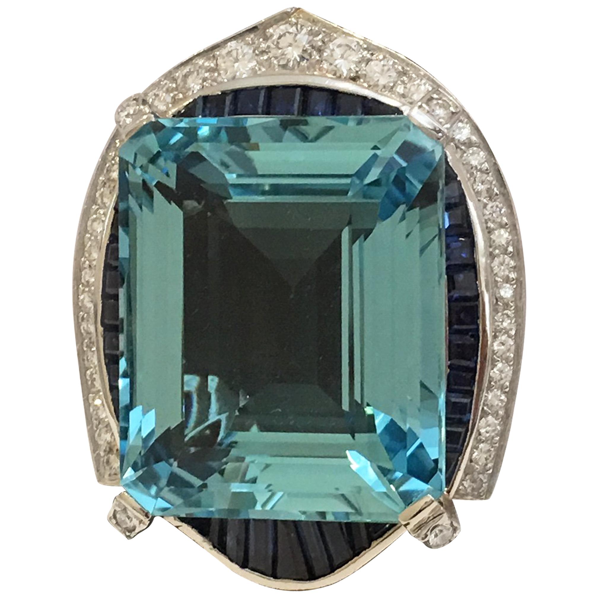 42 Carat Natural Aquamarine Sapphire and Diamond Ring