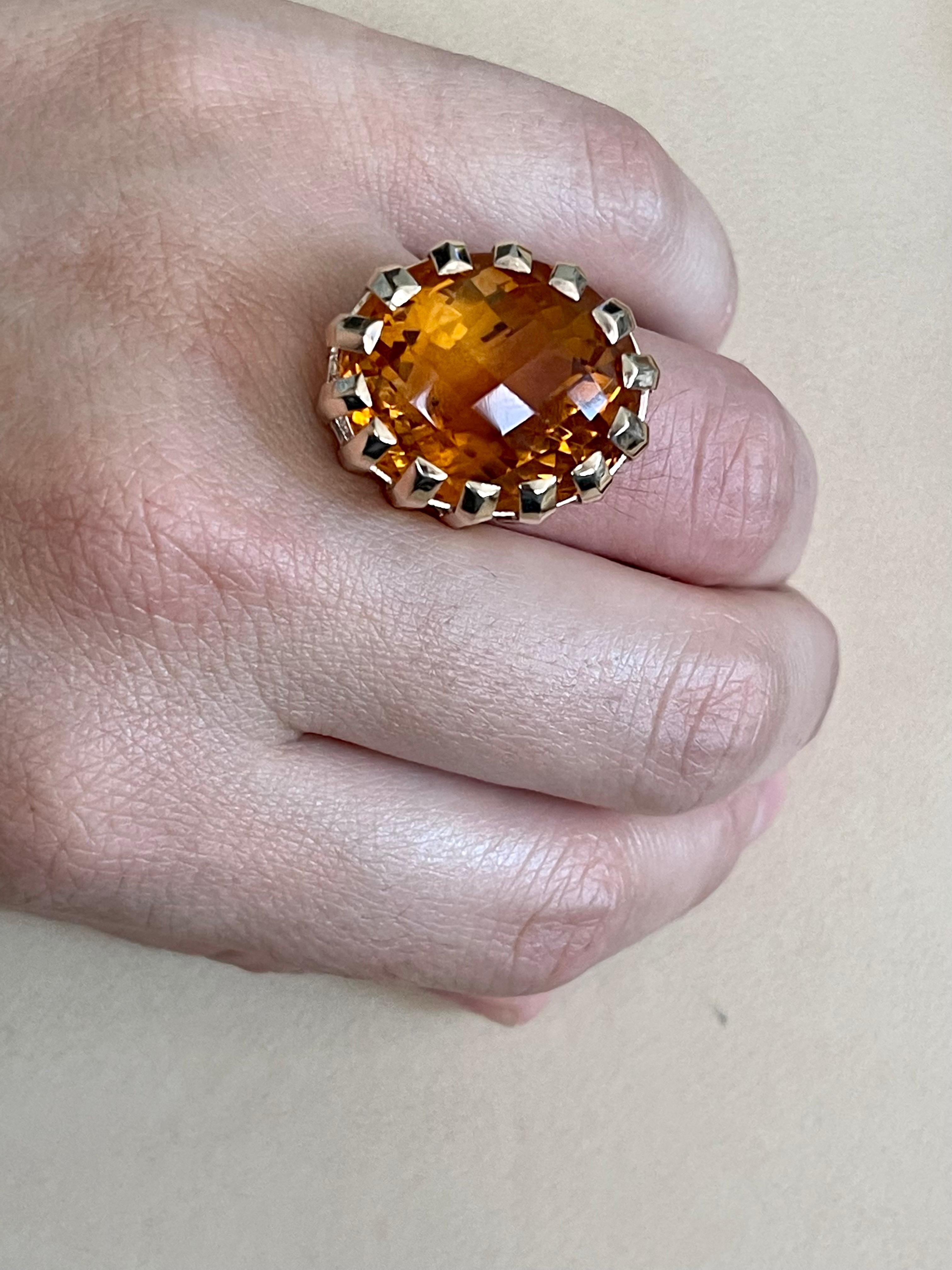 42 Carat Natural Oval Citrine Cocktail Ring in 14 Karat Yellow Gold, Estate For Sale 9