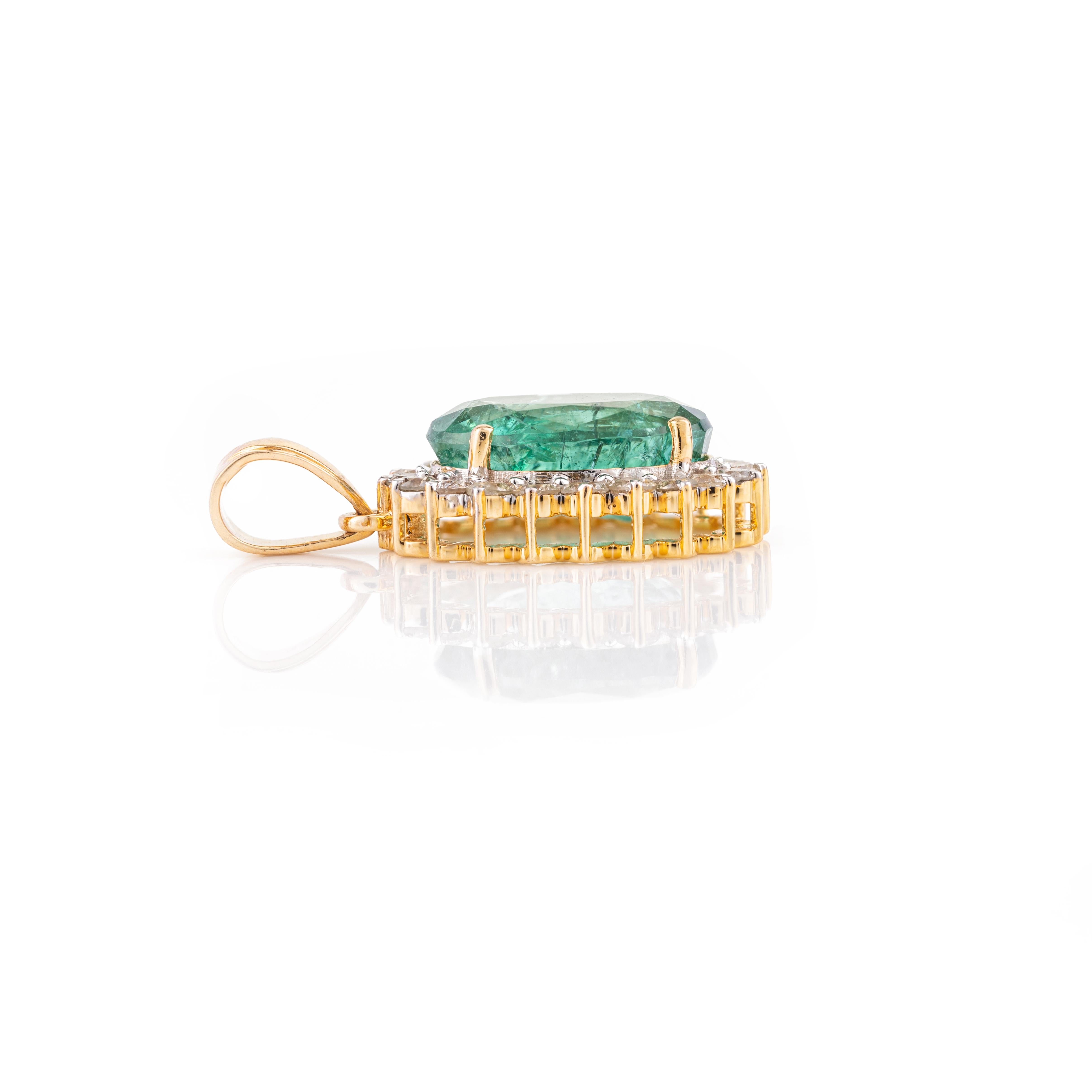 Art Deco 4.2 Carat Oval Emerald Diamond Halo Pendant for Gift in 14k Solid Yellow Gold For Sale