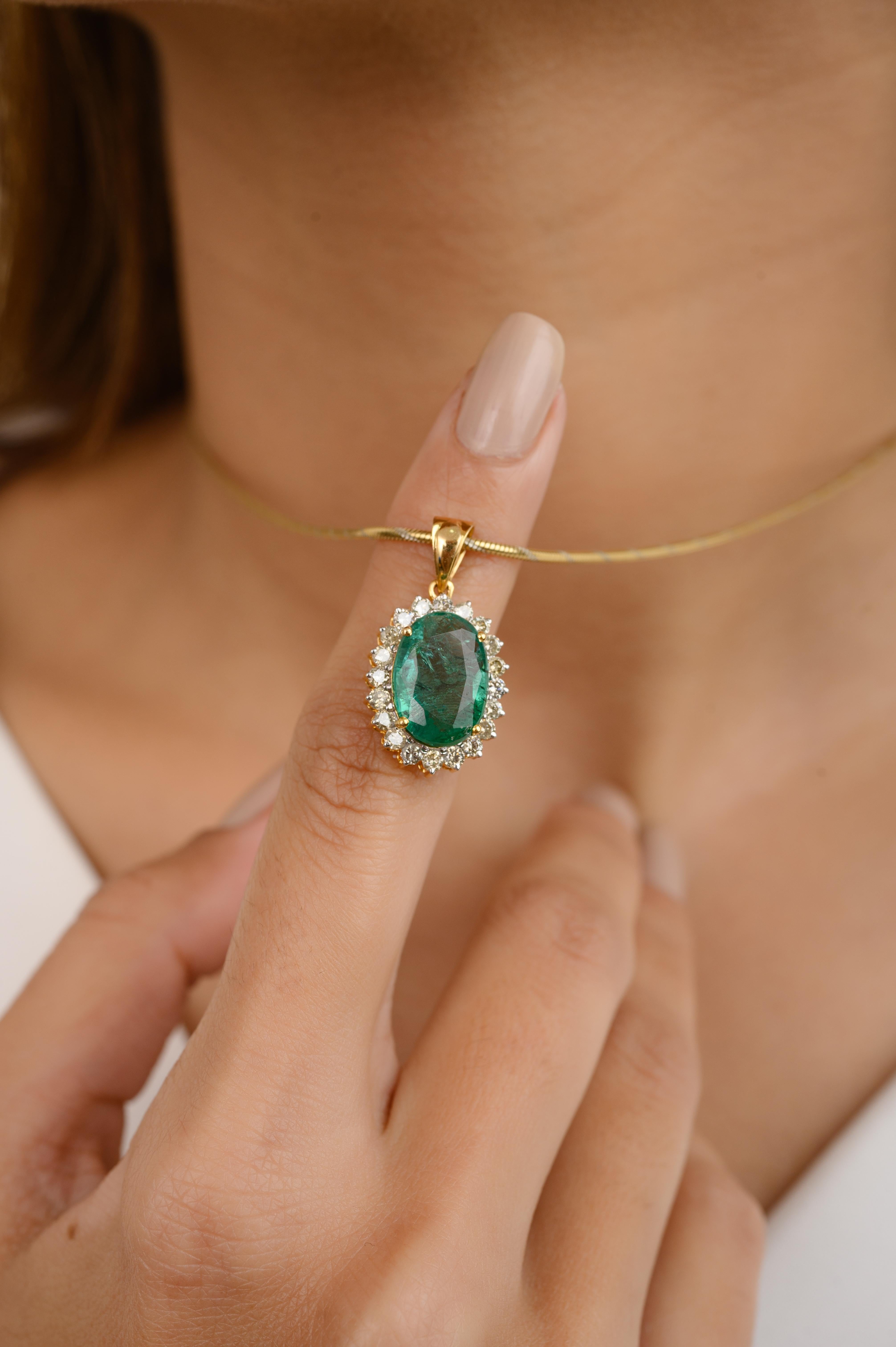 Women's 4.2 Carat Big Emerald Diamond Halo Pendant in 14k Solid Yellow Gold For Sale