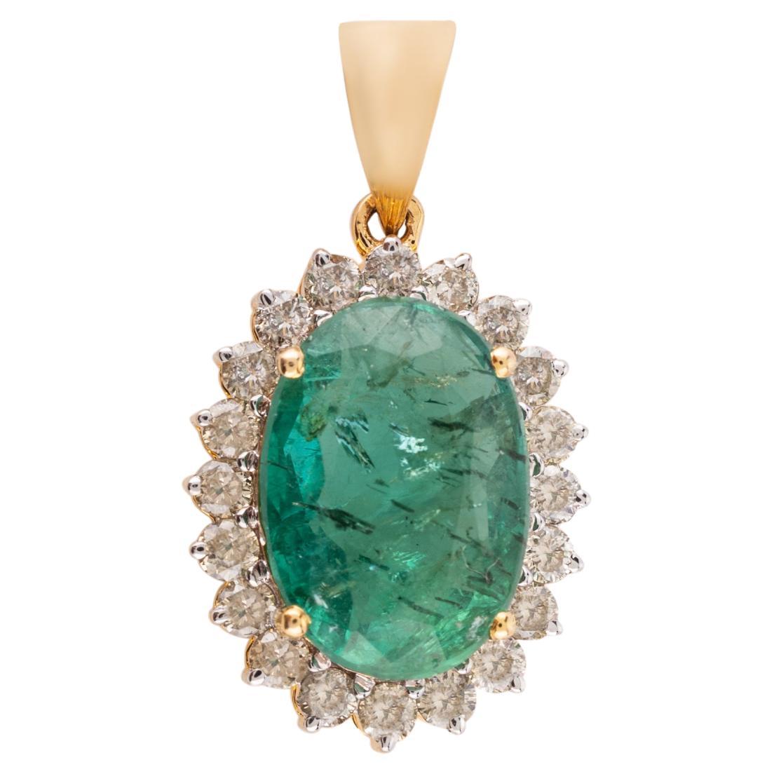 4.2 Carat Oval Emerald Diamond Halo Pendant for Gift in 14k Solid Yellow Gold For Sale