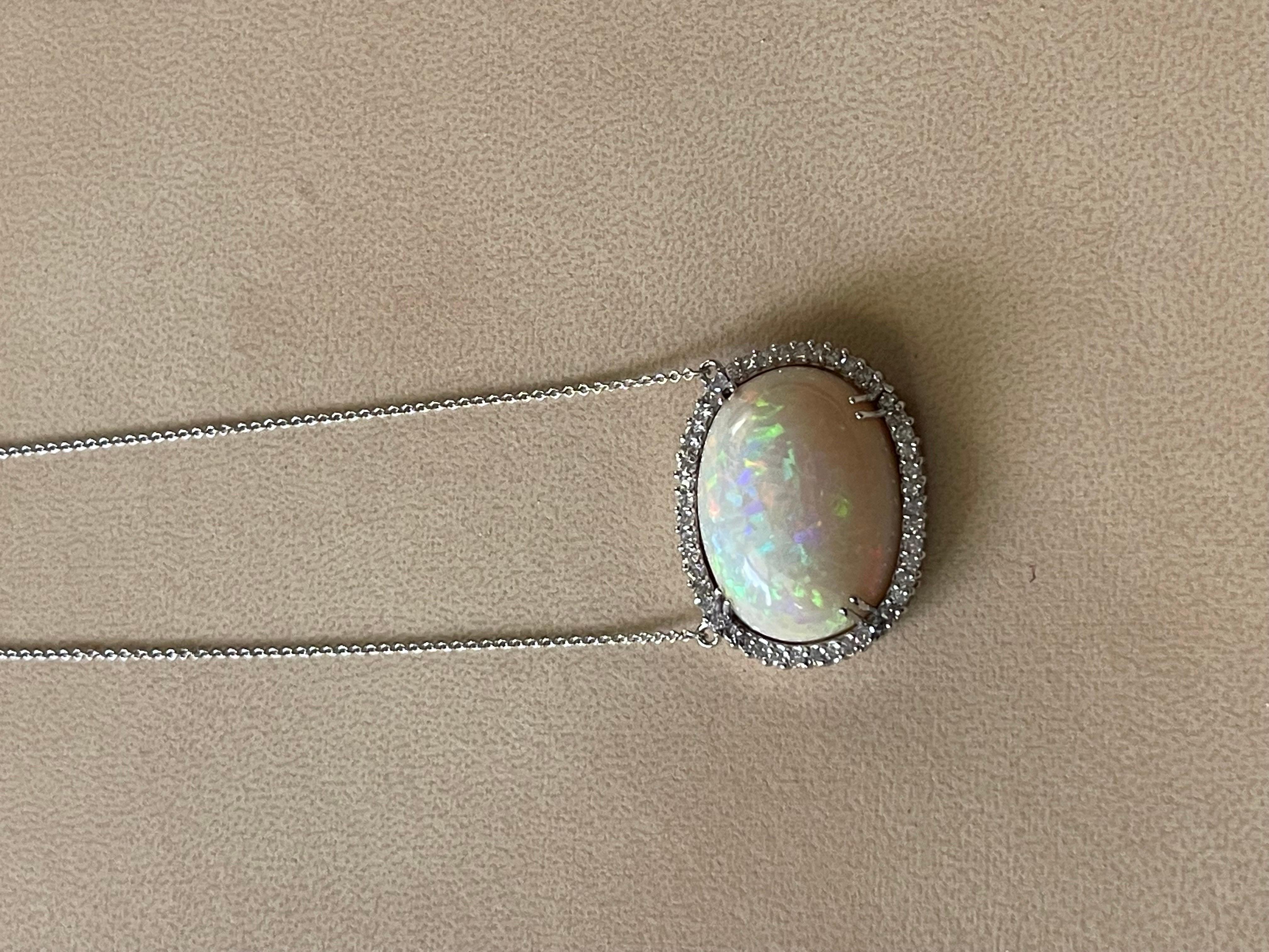 42 Carat Oval Ethiopian Opal & Diamond Pendant 14 Karat White Gold Necklace For Sale 1