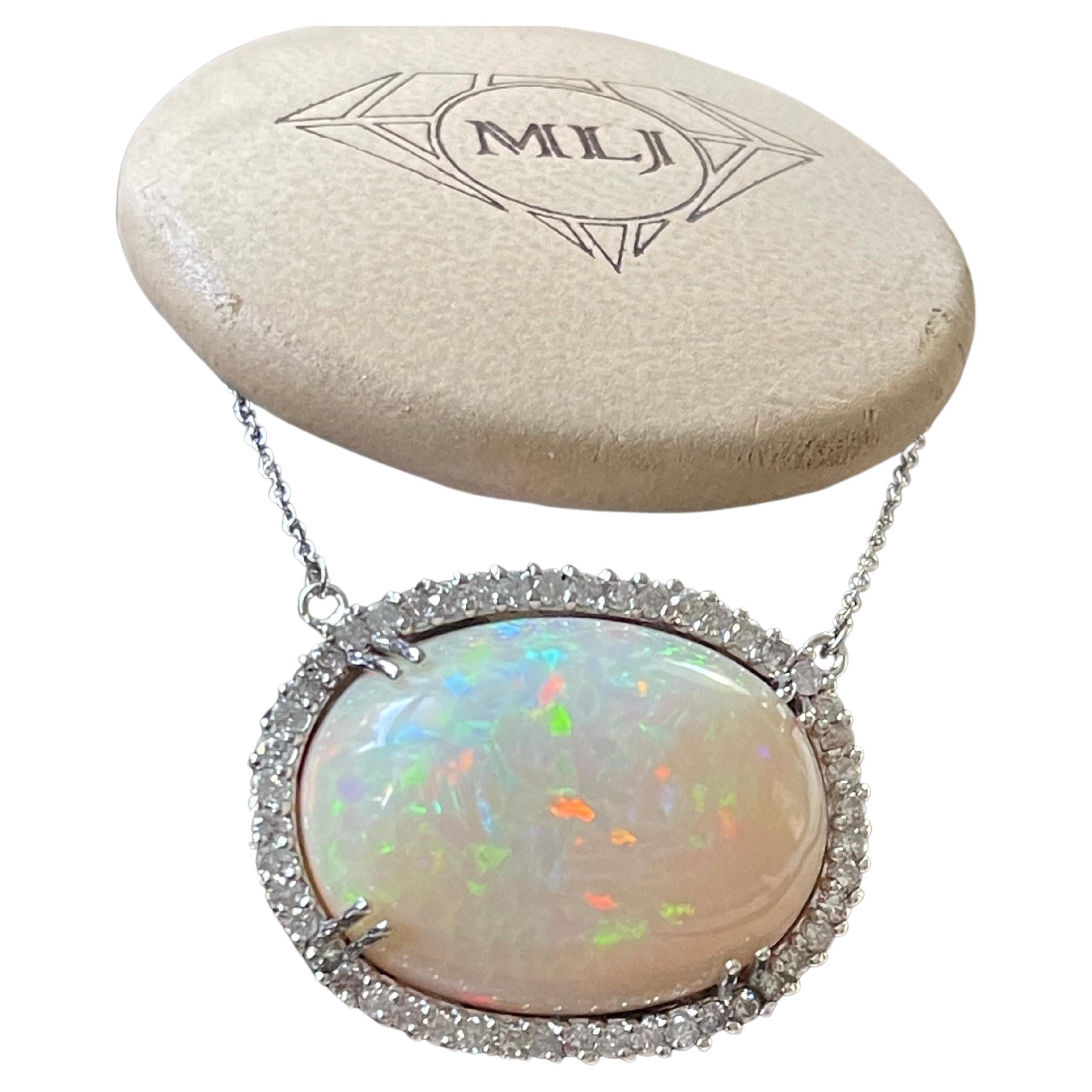 42 Carat Oval Ethiopian Opal & Diamond Pendant 14 Karat White Gold Necklace For Sale