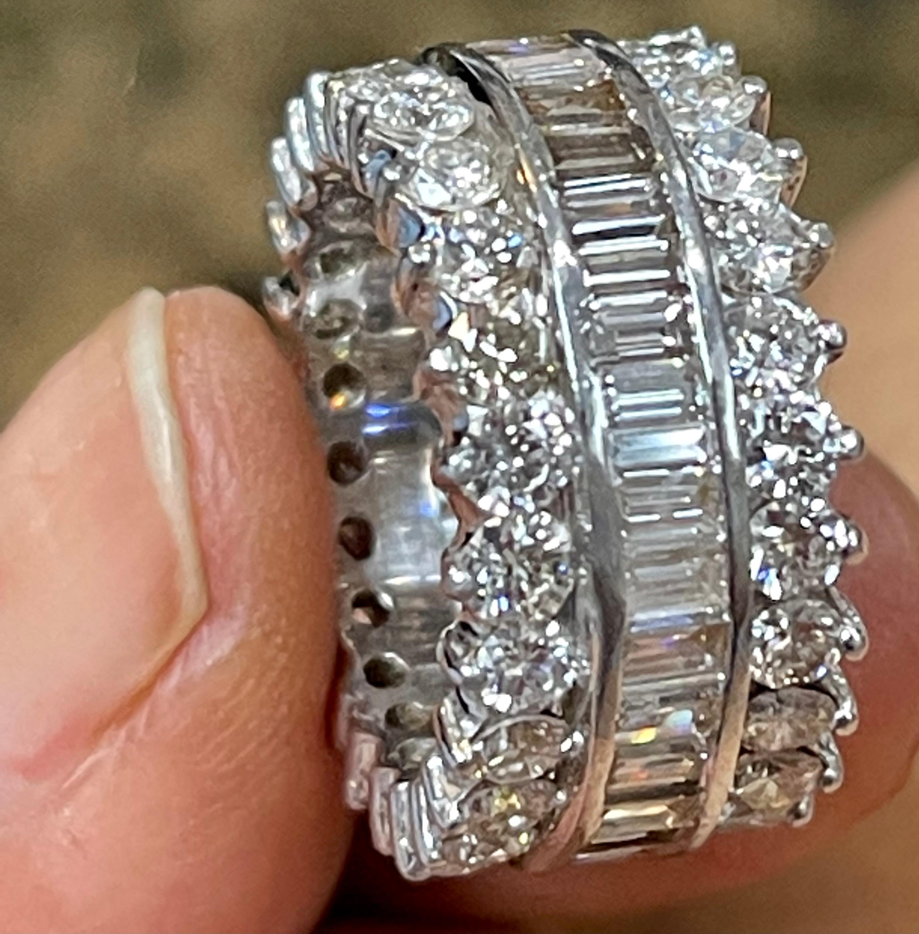 4.2 Carat Round & Baguettes Diamond Eternity Band in Platinum 3-Row Band In Excellent Condition In New York, NY