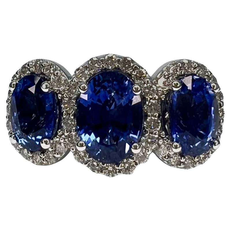 Blue Sapphire White Diamond Halo Three-Stone Bridal Cocktail Fashion ...