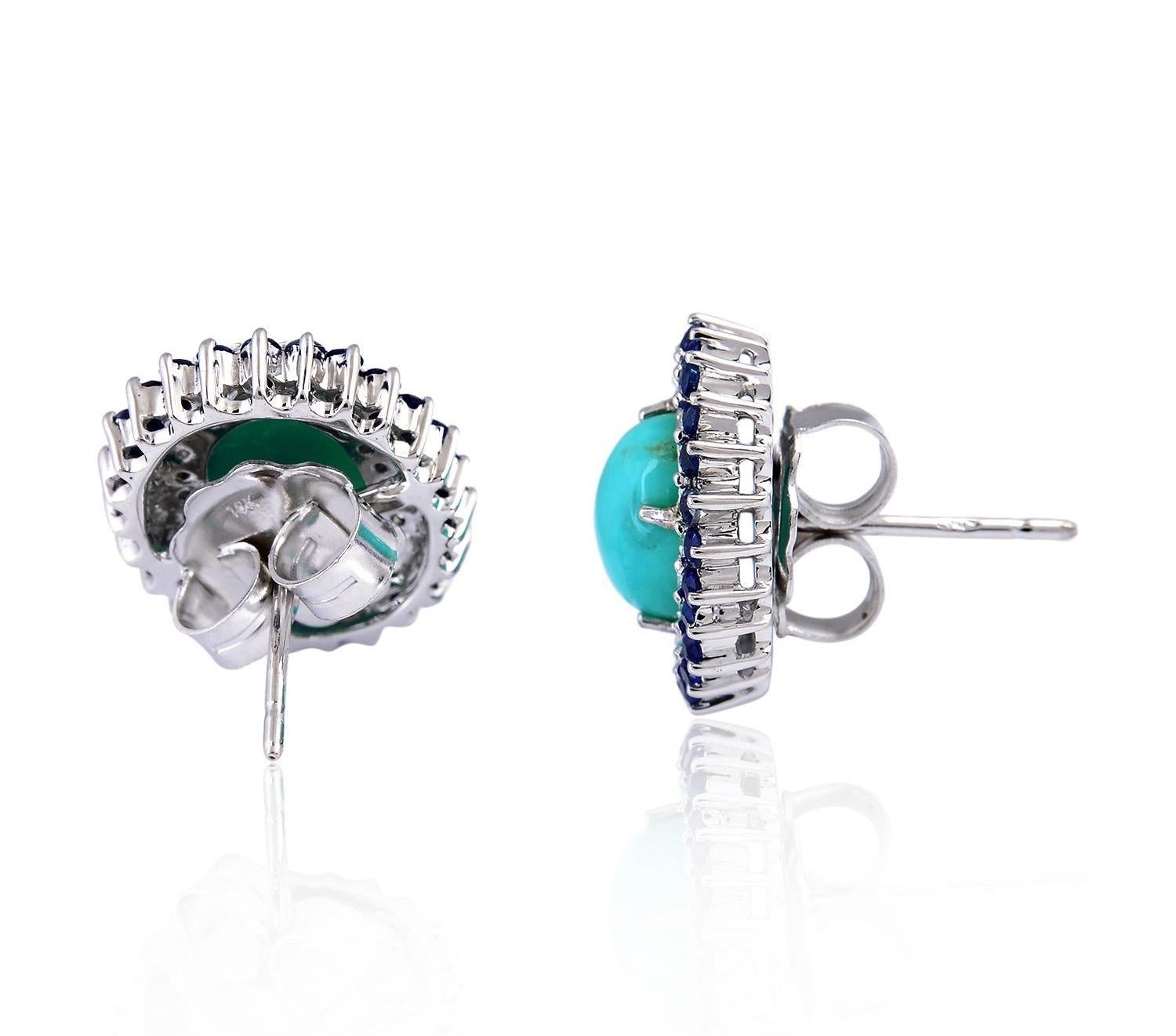 Cast from 18-karat gold and sterling silver, these studs earrings are hand set with 4.2 carats turquoise, .96 carats sapphire and .23 carats of shimmering diamonds.

FOLLOW MEGHNA JEWELS storefront to view the latest collection & exclusive pieces.