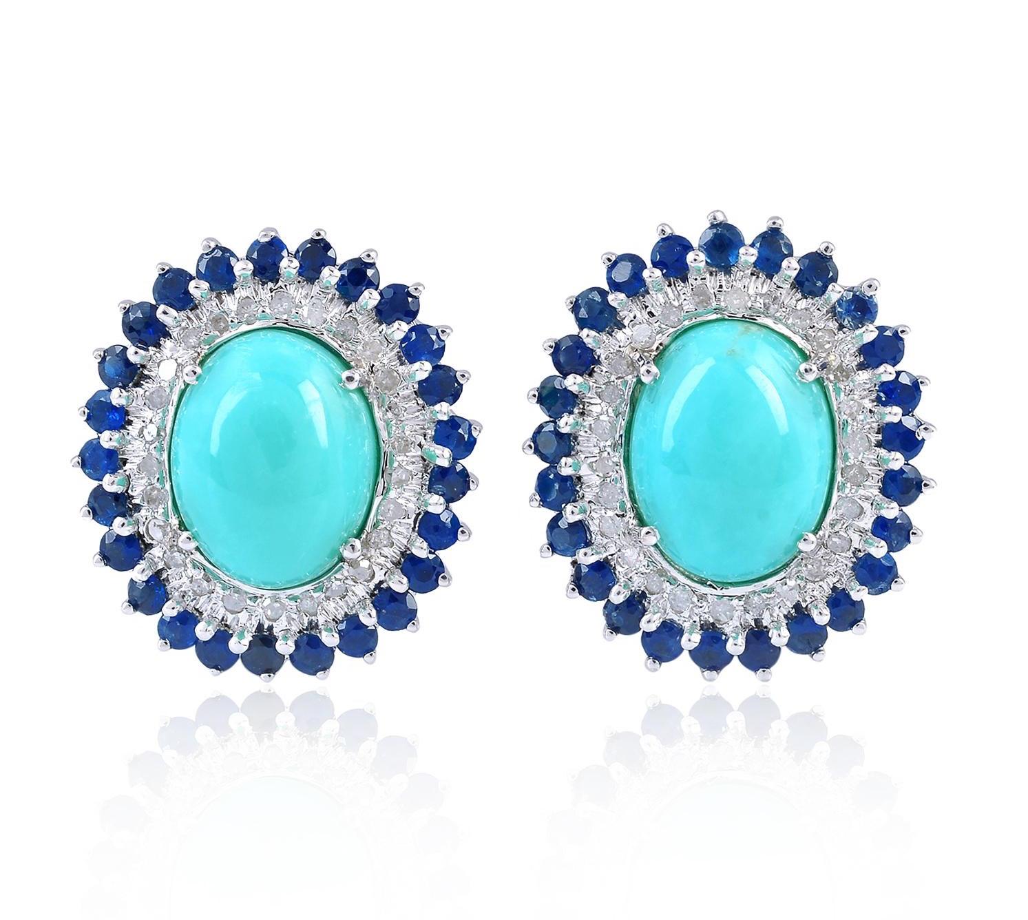 Oval Cut 4.2 Carat Turquoise Diamond Sapphire Stud Earrings