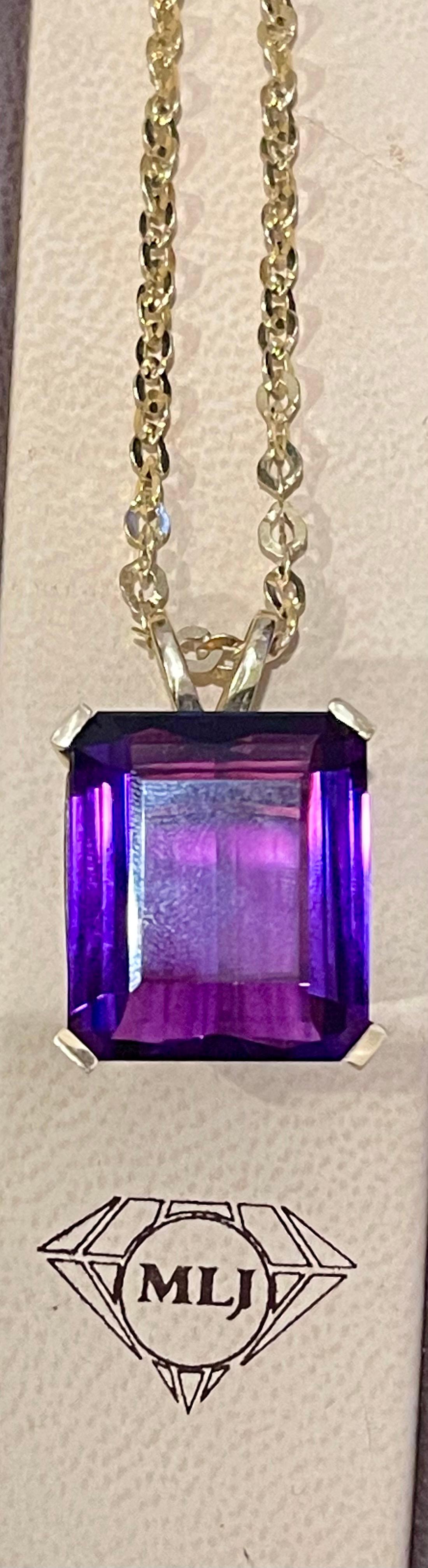 42 Ct Emerald Cut Amethyst Pendant /Necklace + 14 Kt Yellow Gold Chain Vintage 6