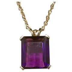 42 Ct Emerald Cut Amethyst Pendant /Necklace + 14 Kt Yellow Gold Chain Vintage