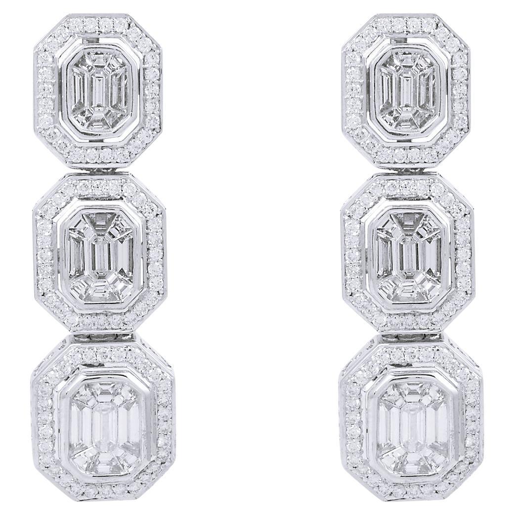 4.2 Ct. Emerald Cut Diamond Dangle Earrings 18 Karat White Gold Handmade Jewelry