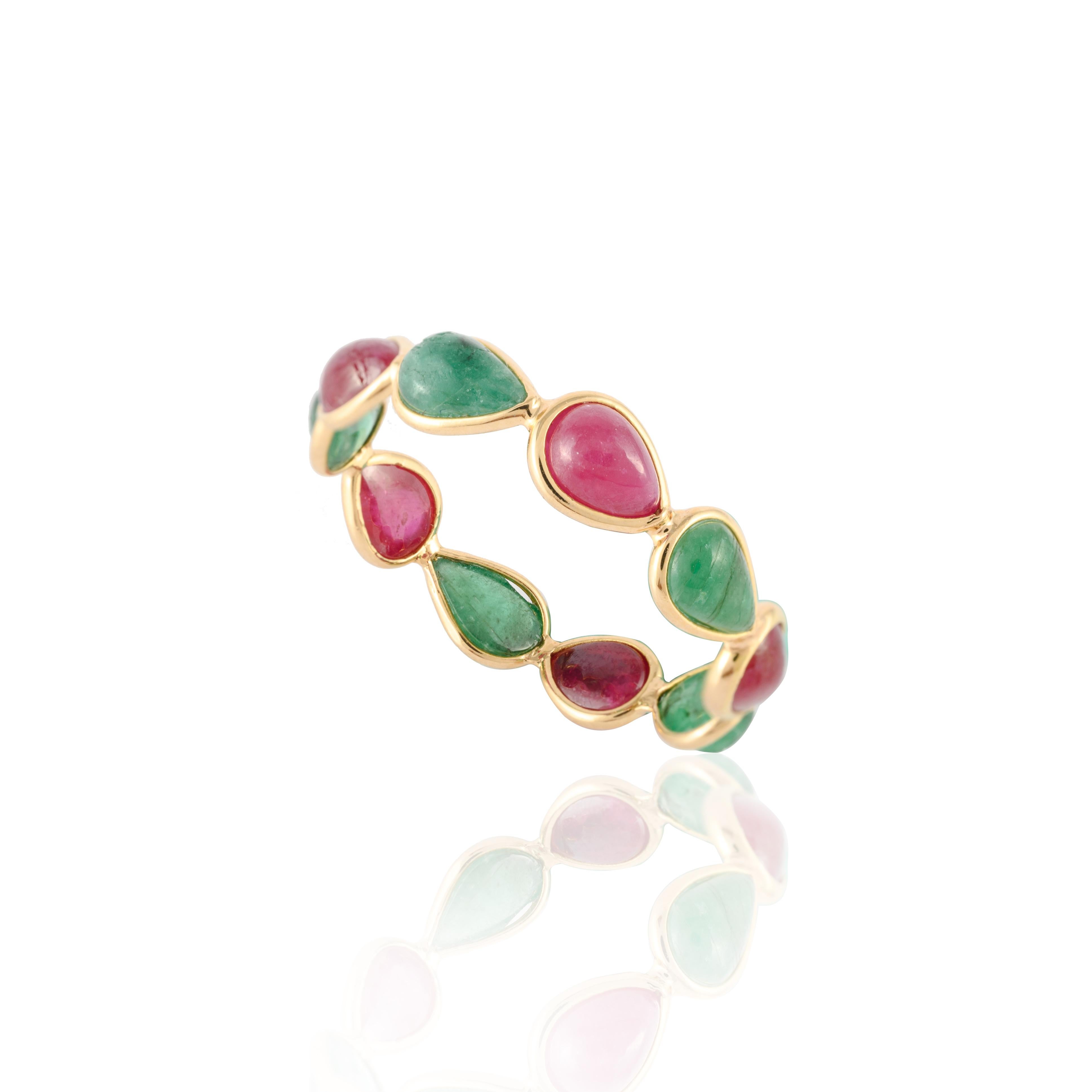 For Sale:  Stackable 4.2ct Alternate Emerald Ruby Eternity Band in 18K Solid Yellow Gold 7