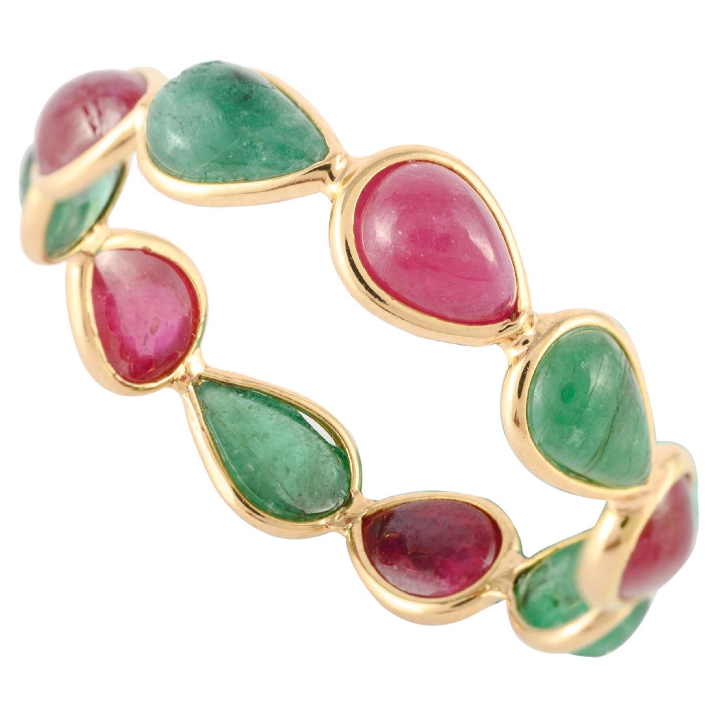 For Sale:  Stackable 4.2ct Alternate Emerald Ruby Eternity Band in 18K Solid Yellow Gold