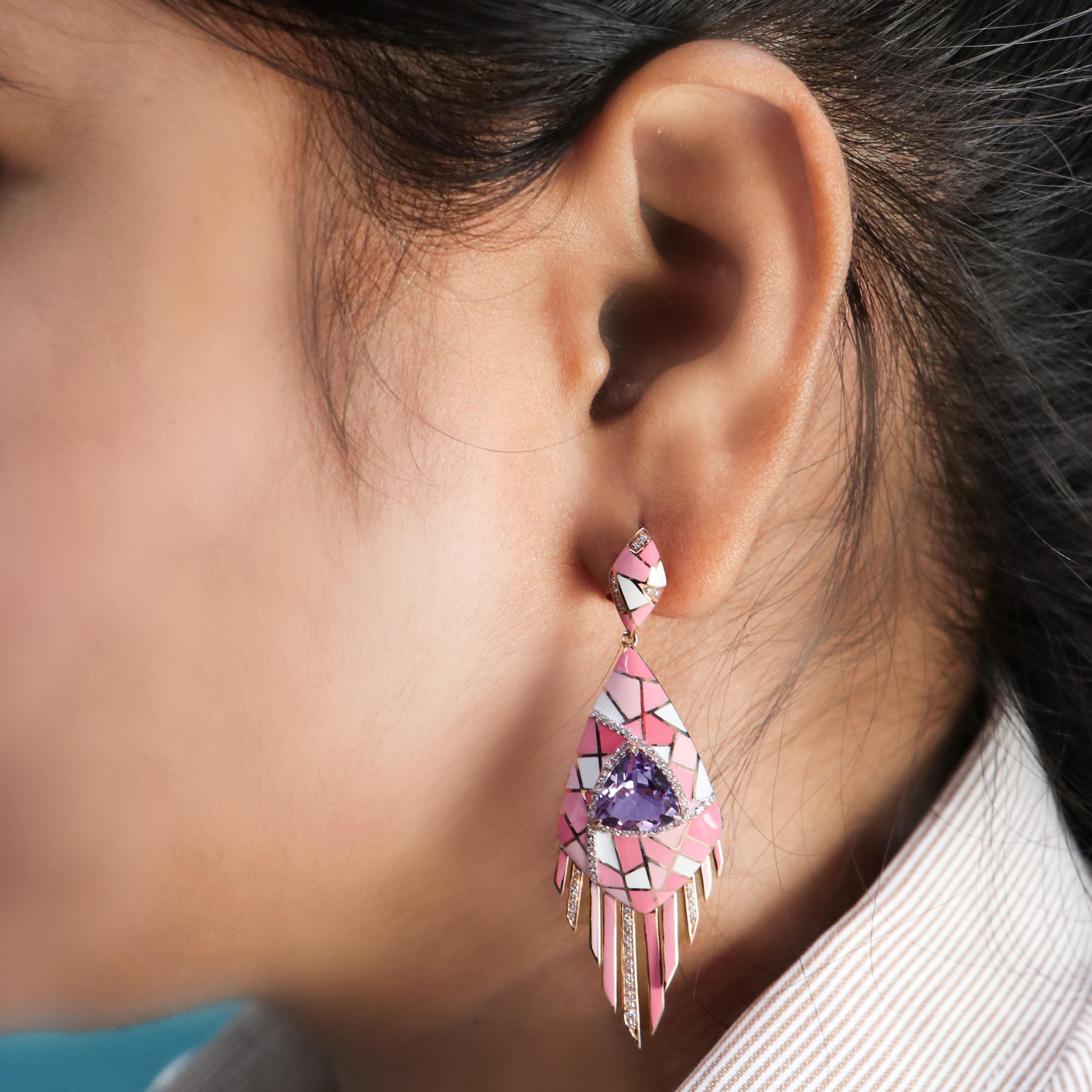 Women's 4.2 CT's Pink Amethyst, & Diamond Studded Earrings in 14K Rose Gold For Sale