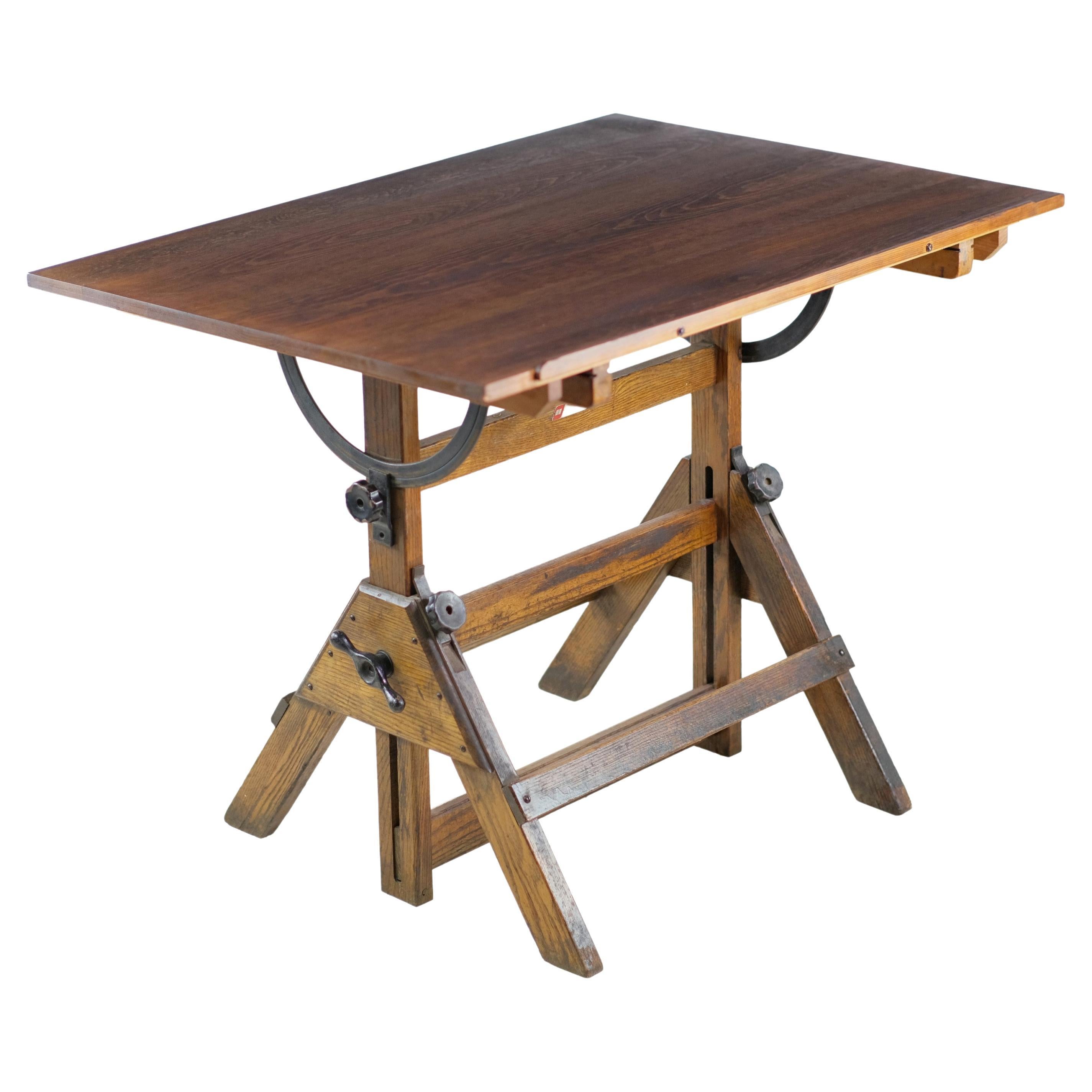Solid Oak Drafting Table by Hamilton Manufacturing Co. W/ Pine Top For
